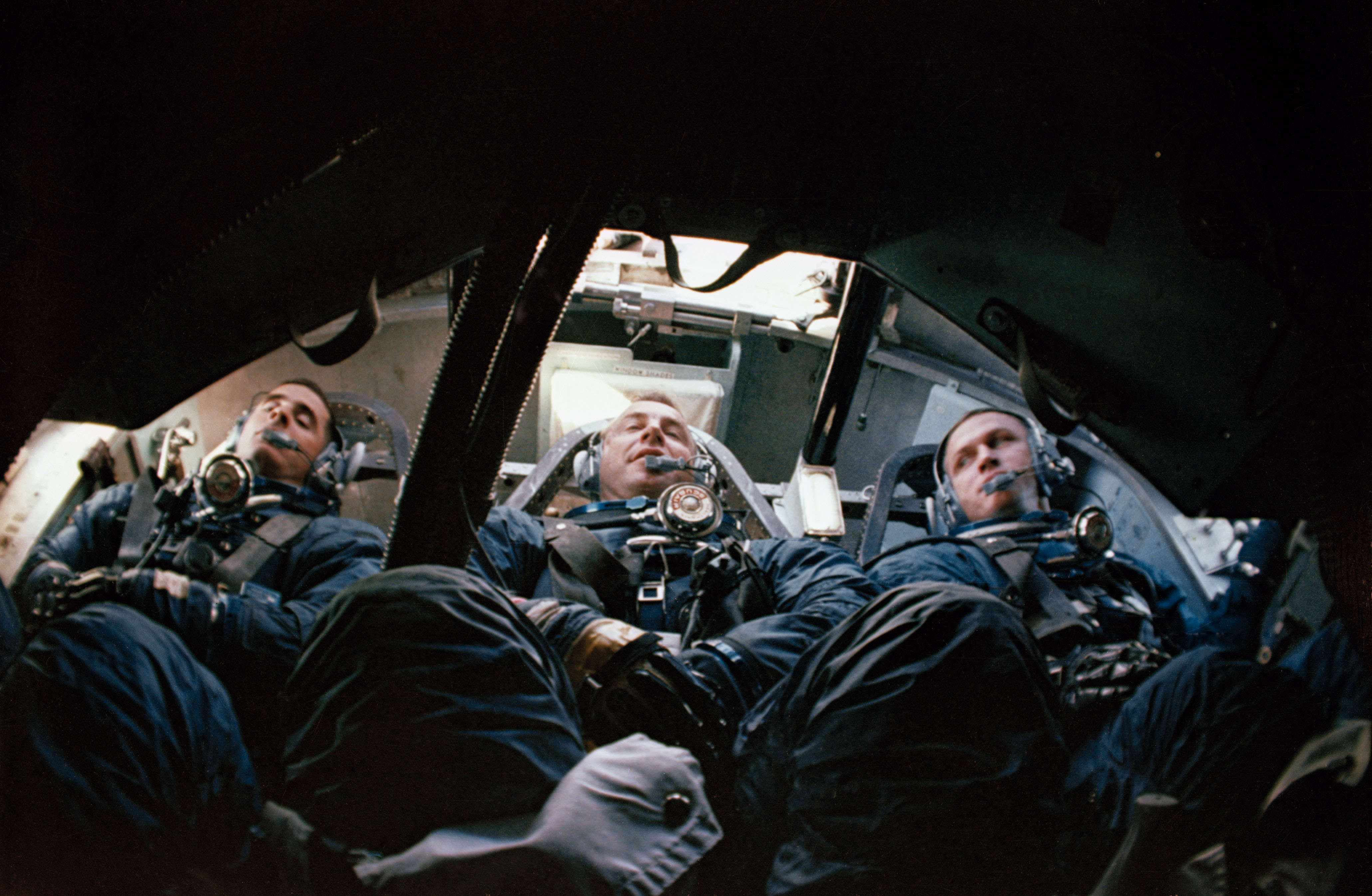 Apollo 8 prime crew seen inside Apollo Boilerplate during water egress