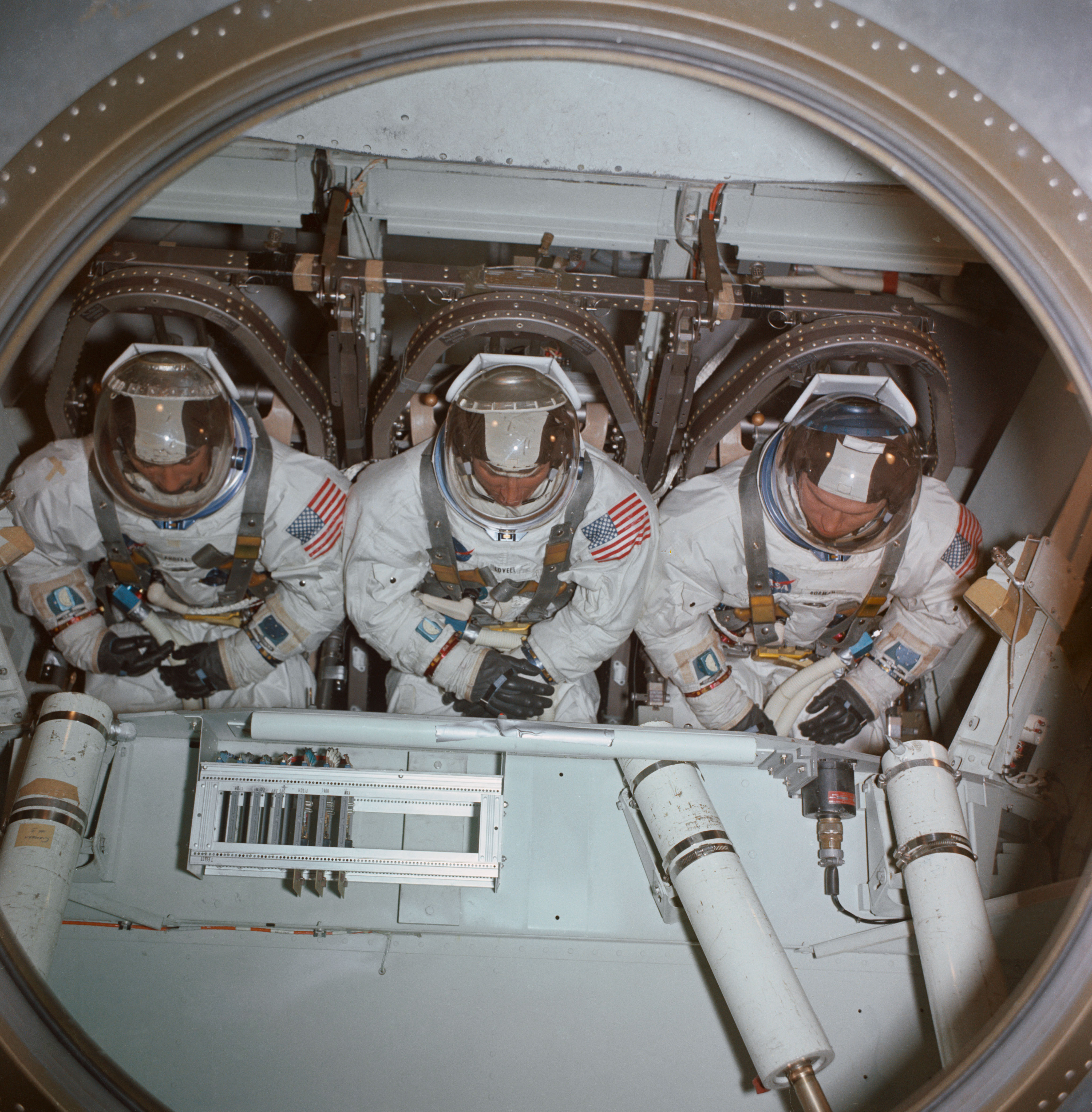 Apollo 8 prime crew inside centrifuge gondola in bldg 29 during training