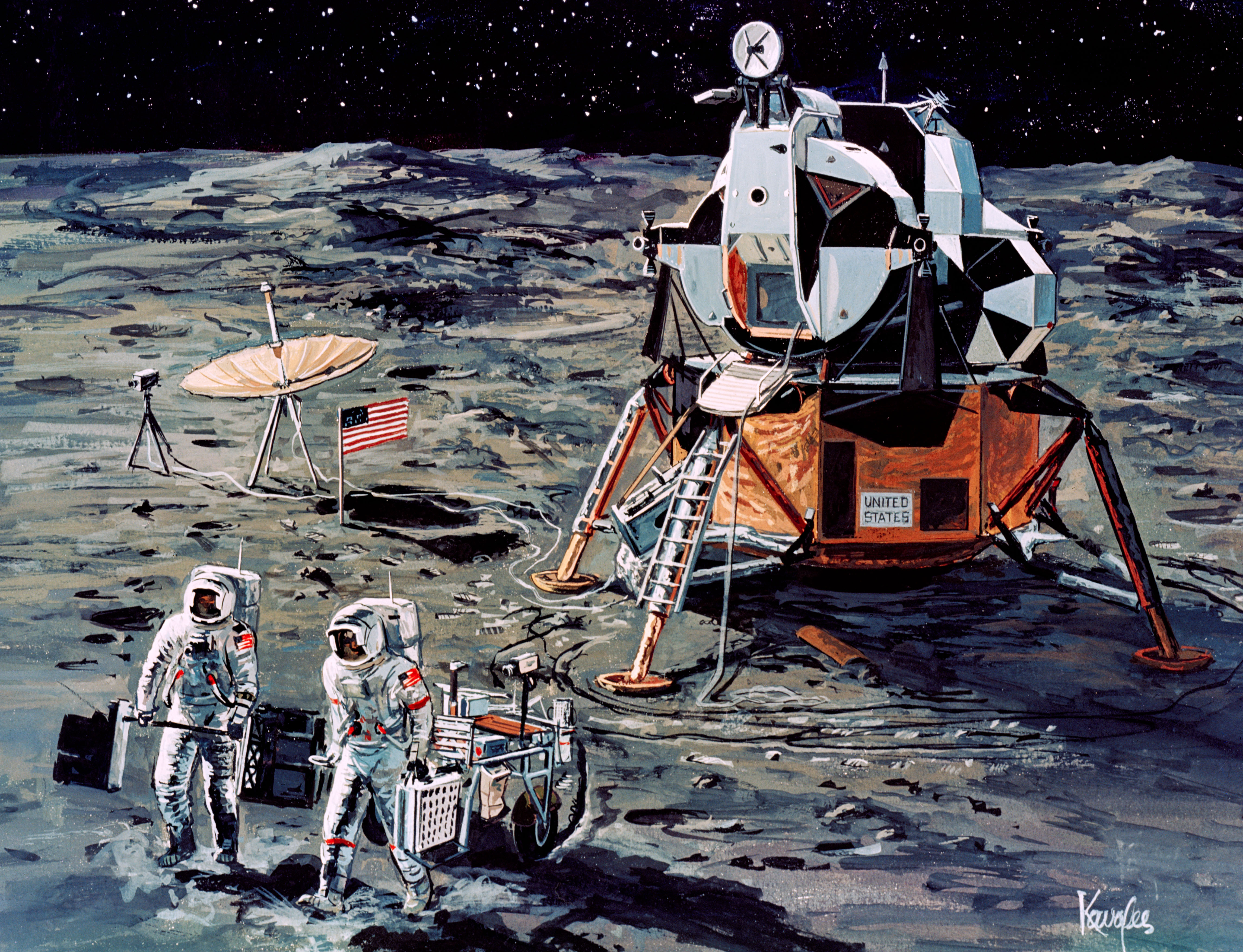 Artist's concept of Apollo 14 crewmen on their firs traverse of lunar surface