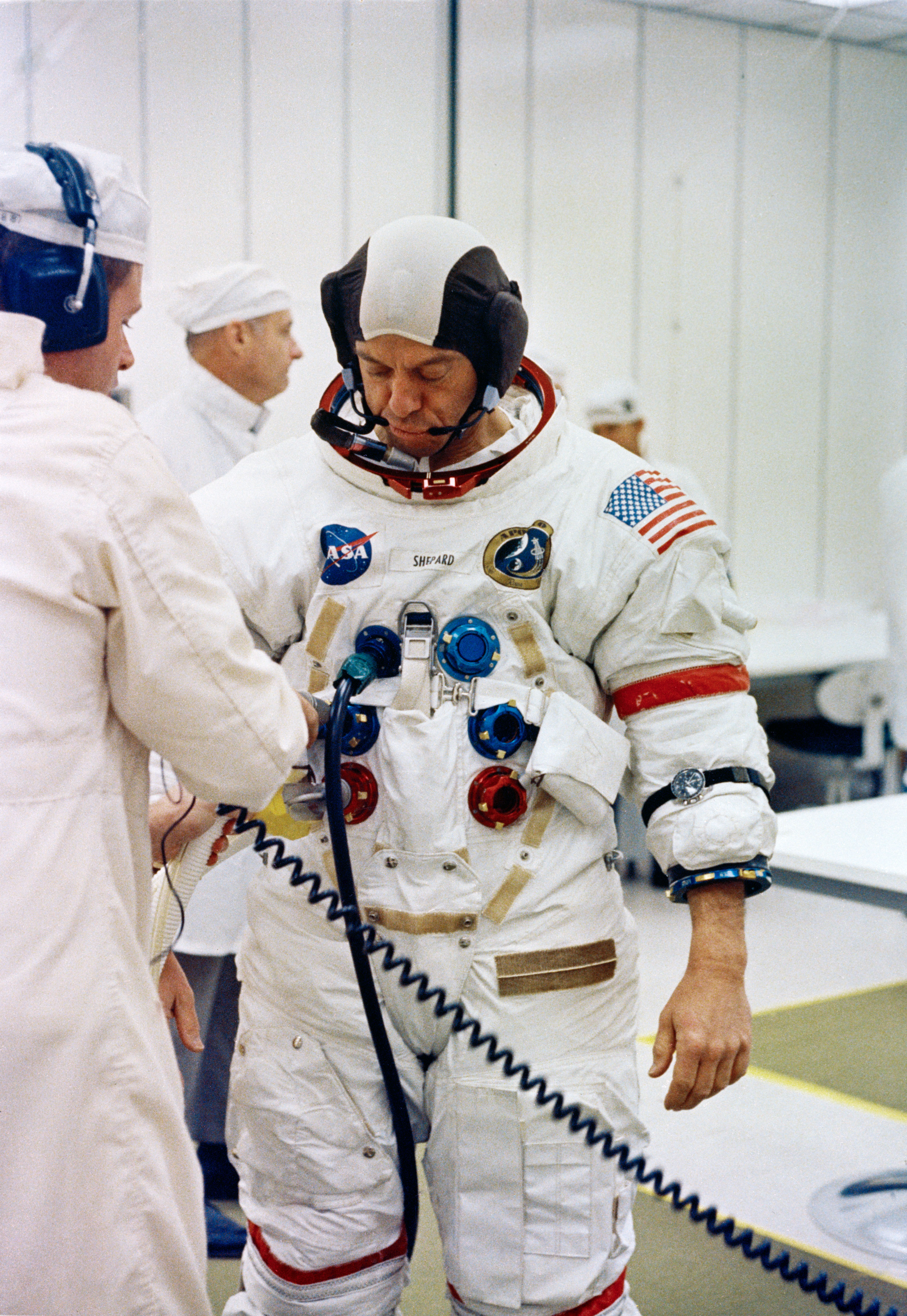 Astronaut Alan Shepard undergoes suiting up operations during Apollo 14