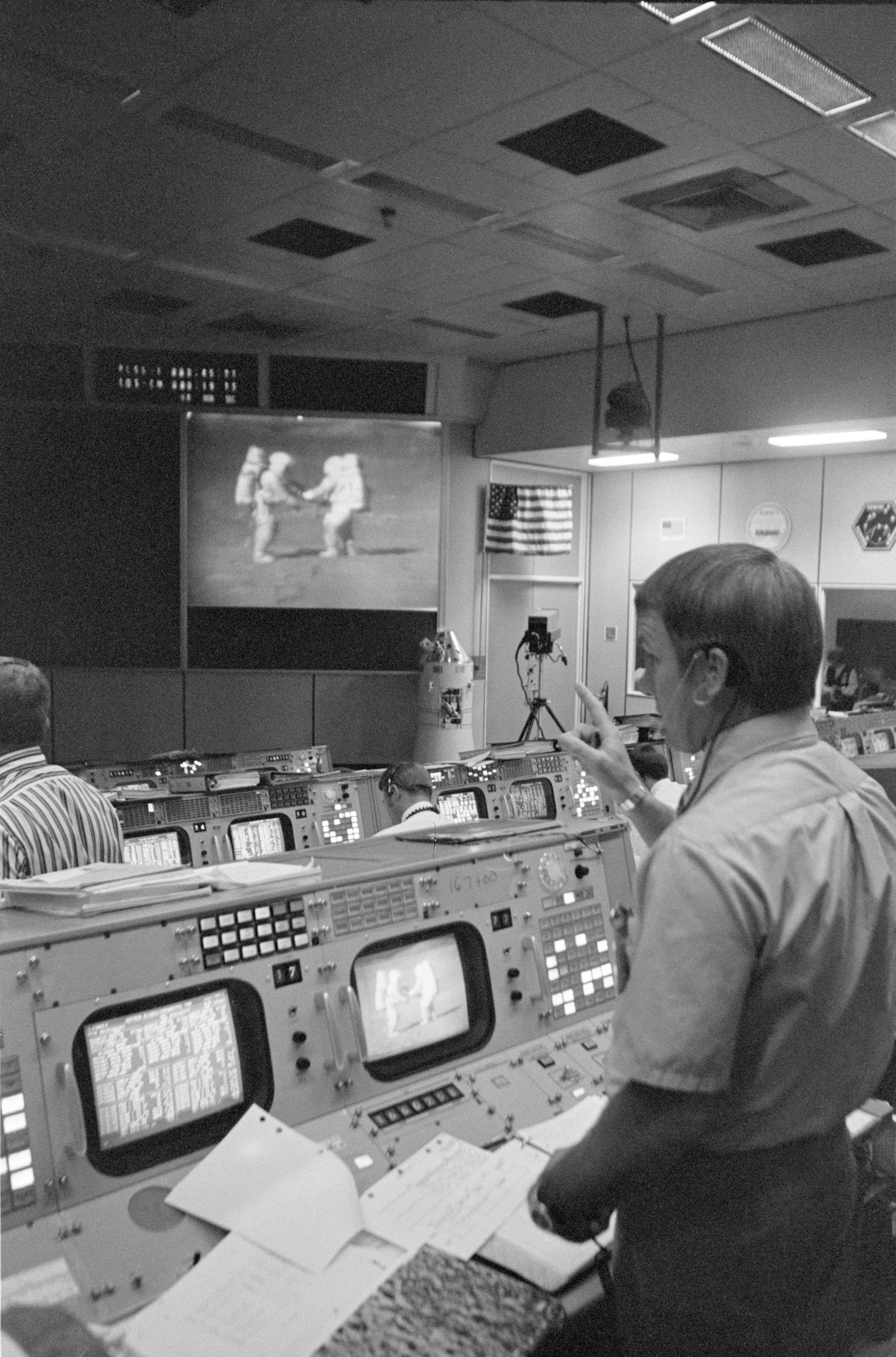 View of activity in Mission Control Center during Apollo 15 EVA