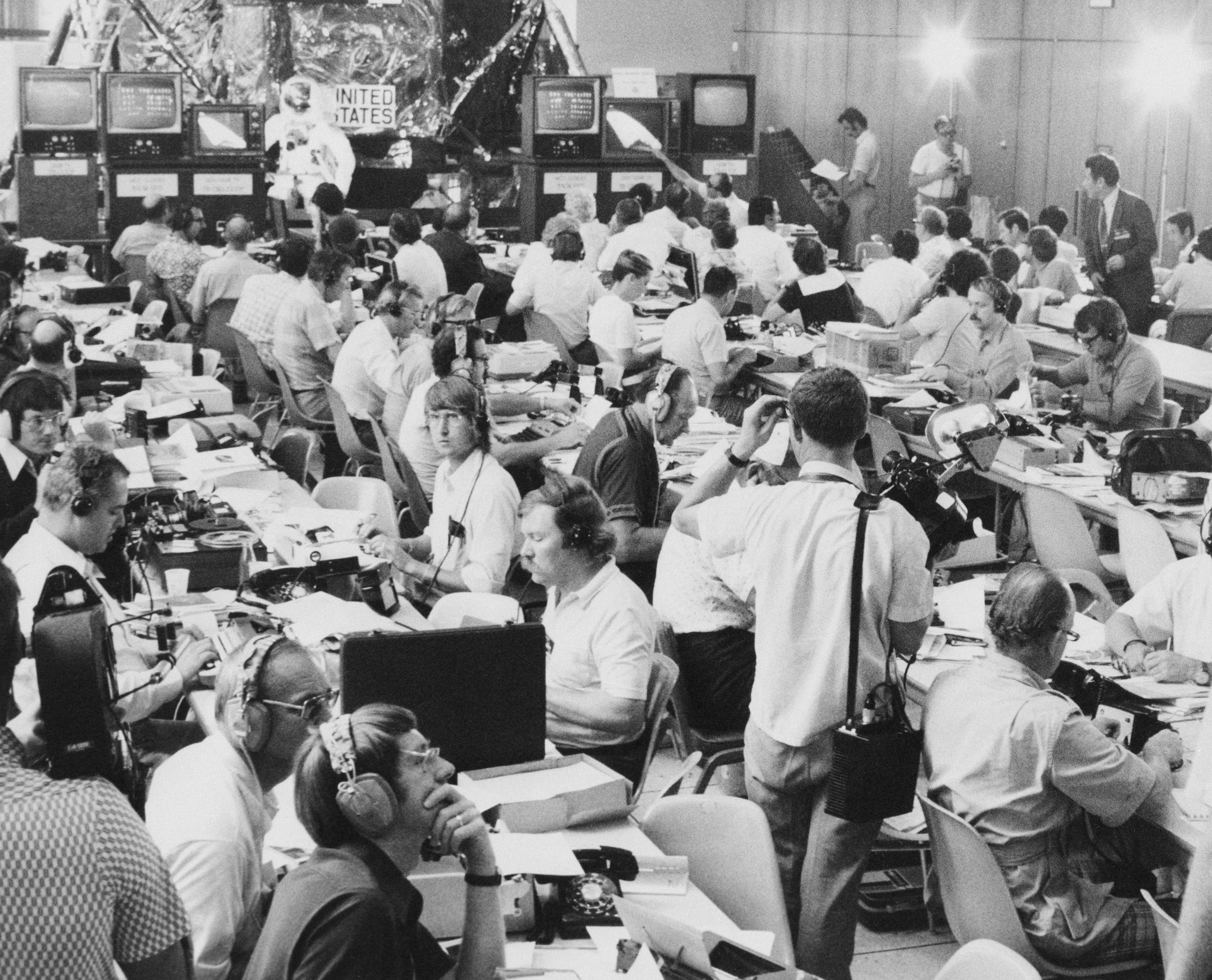View of Press working area of ASTP News Center at JSC