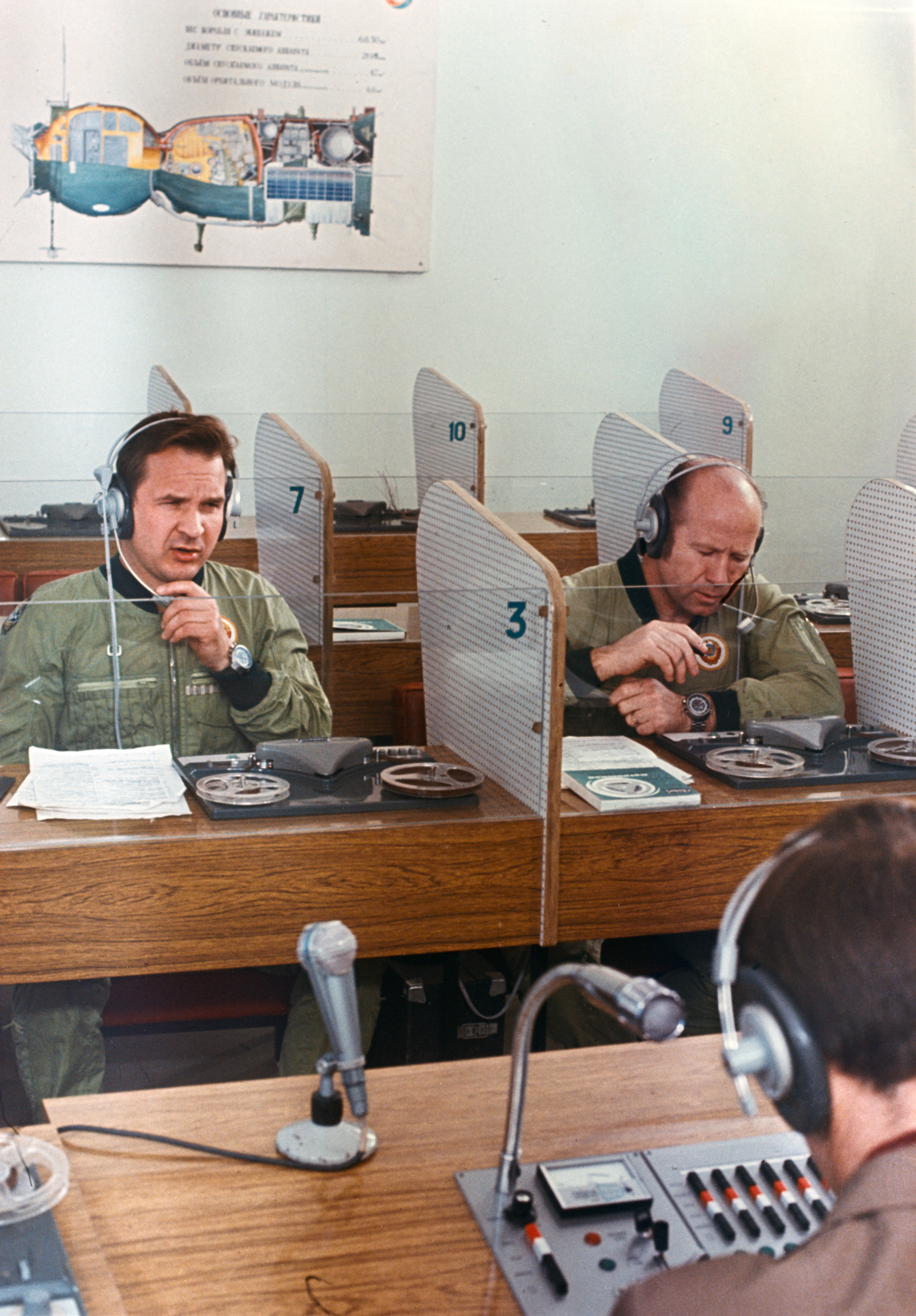 Cosmonauts Kubasov and Leonov participate in English language training