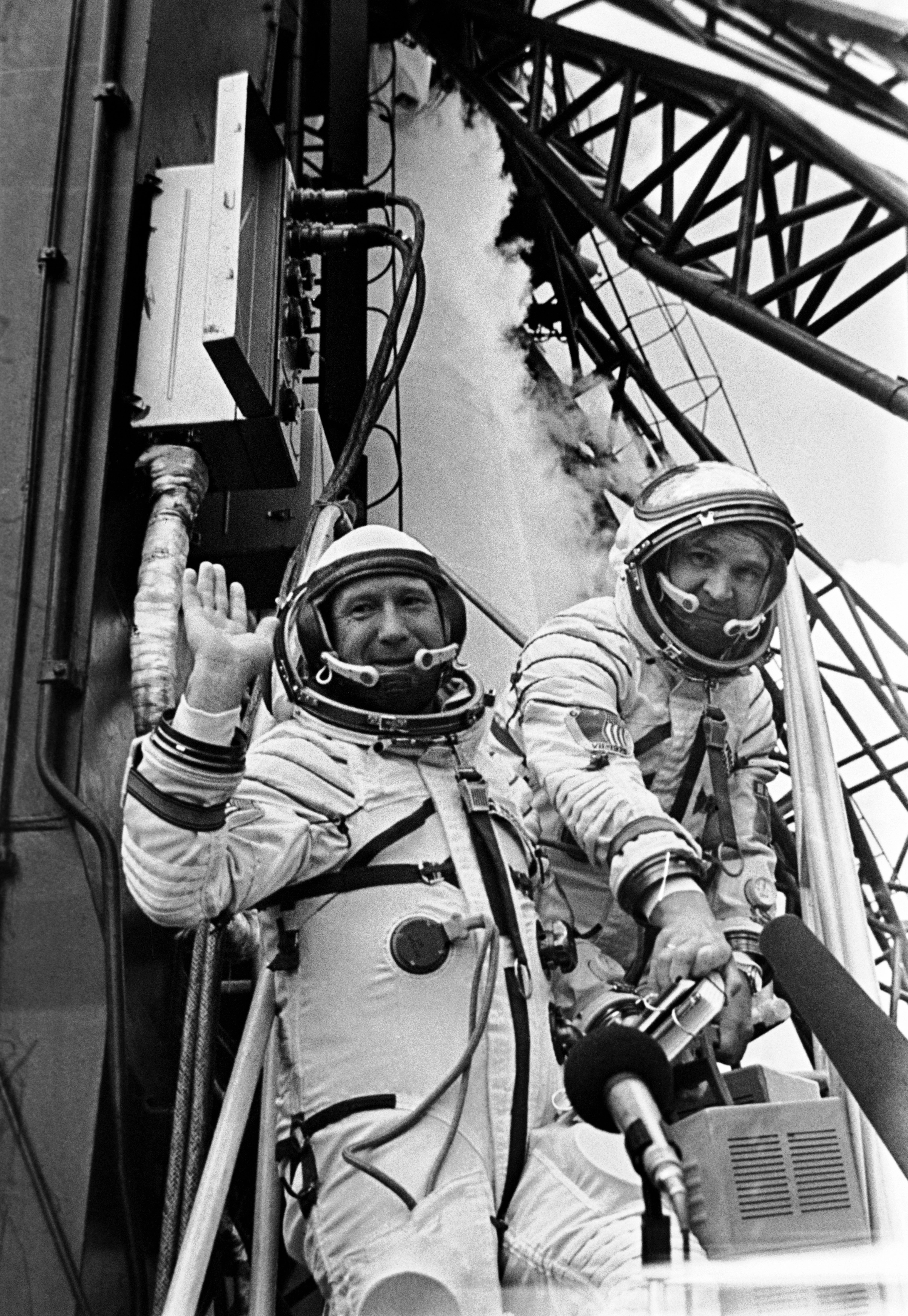 Two Soviet crewmen for ASTP mission photographed at launch pad