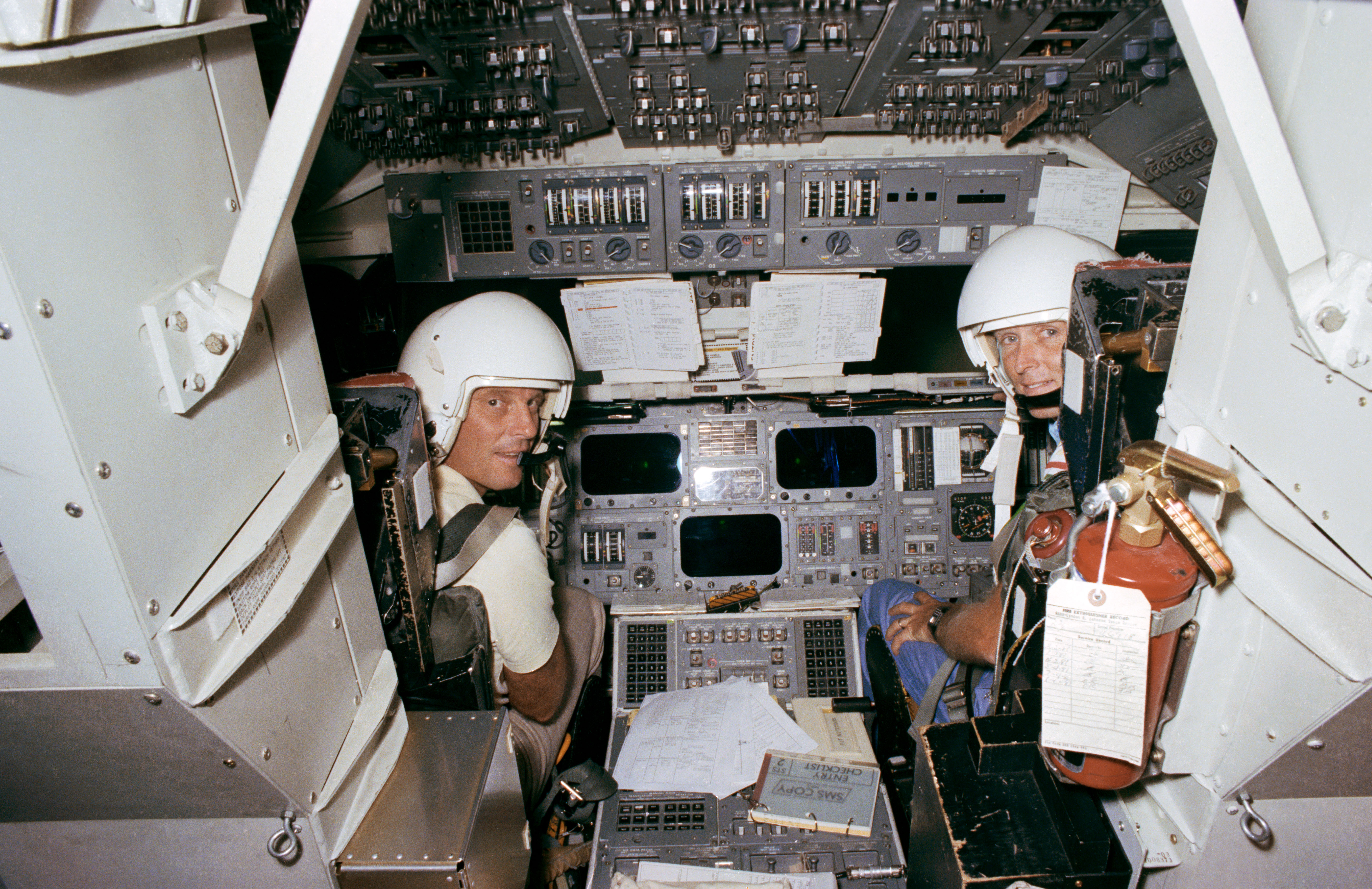 STS-2 backup Crewmen Lousma and Fullerton in the bldg 5 Shuttle simulator