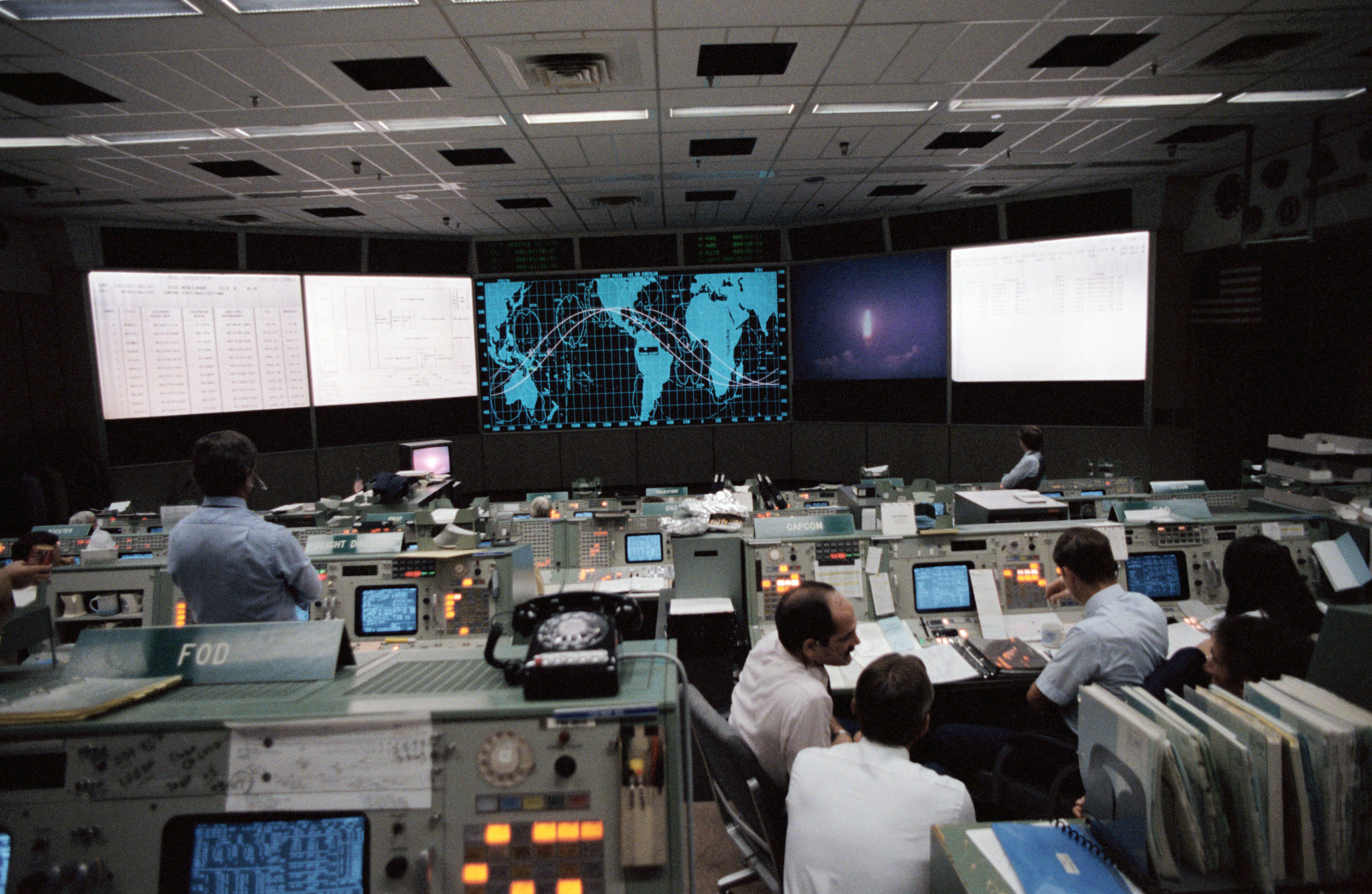 Views of Mission Control Center during launch of STS-8