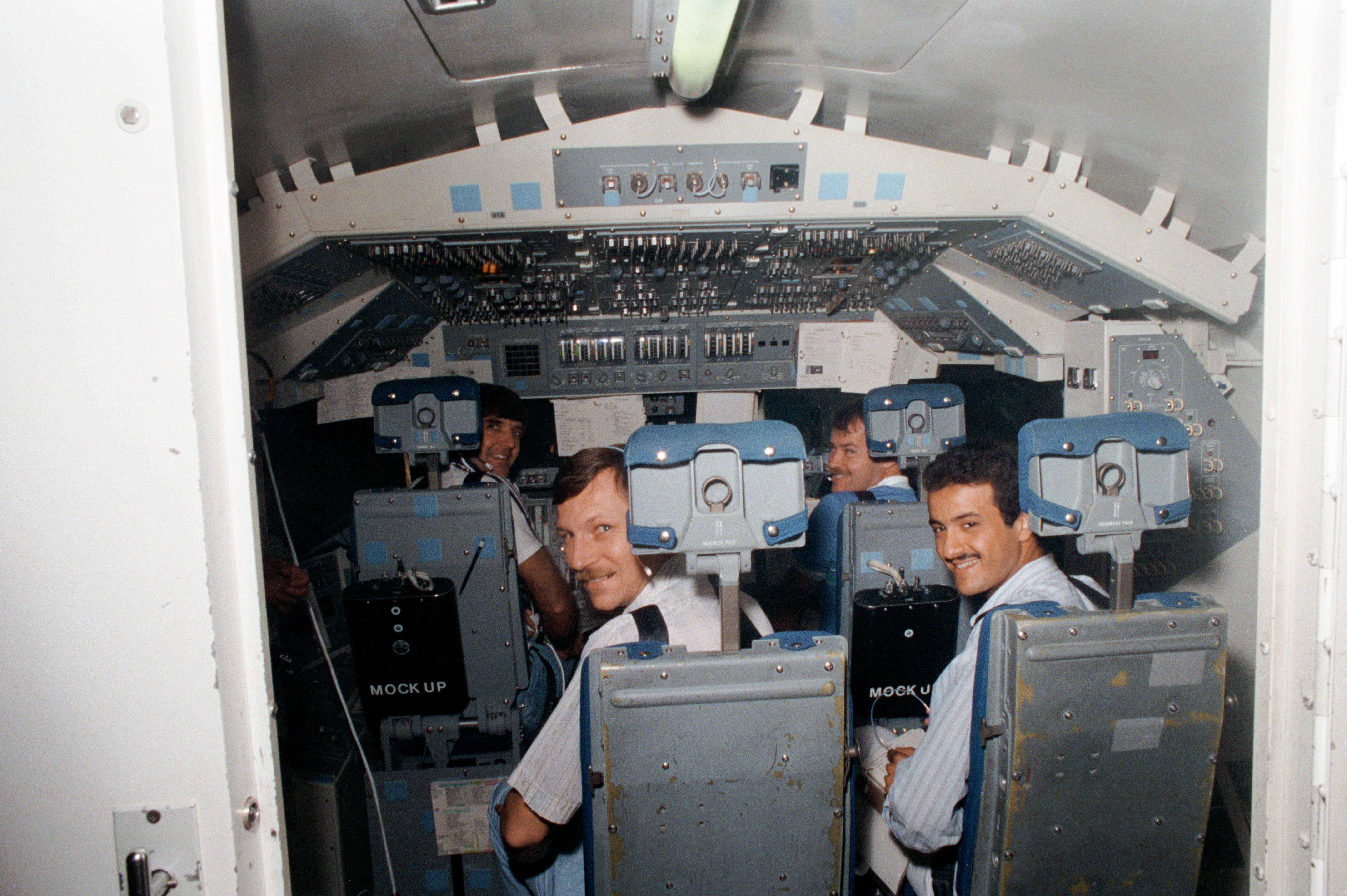 STS 51-G crewmembers participate in training in crew compartment trainer