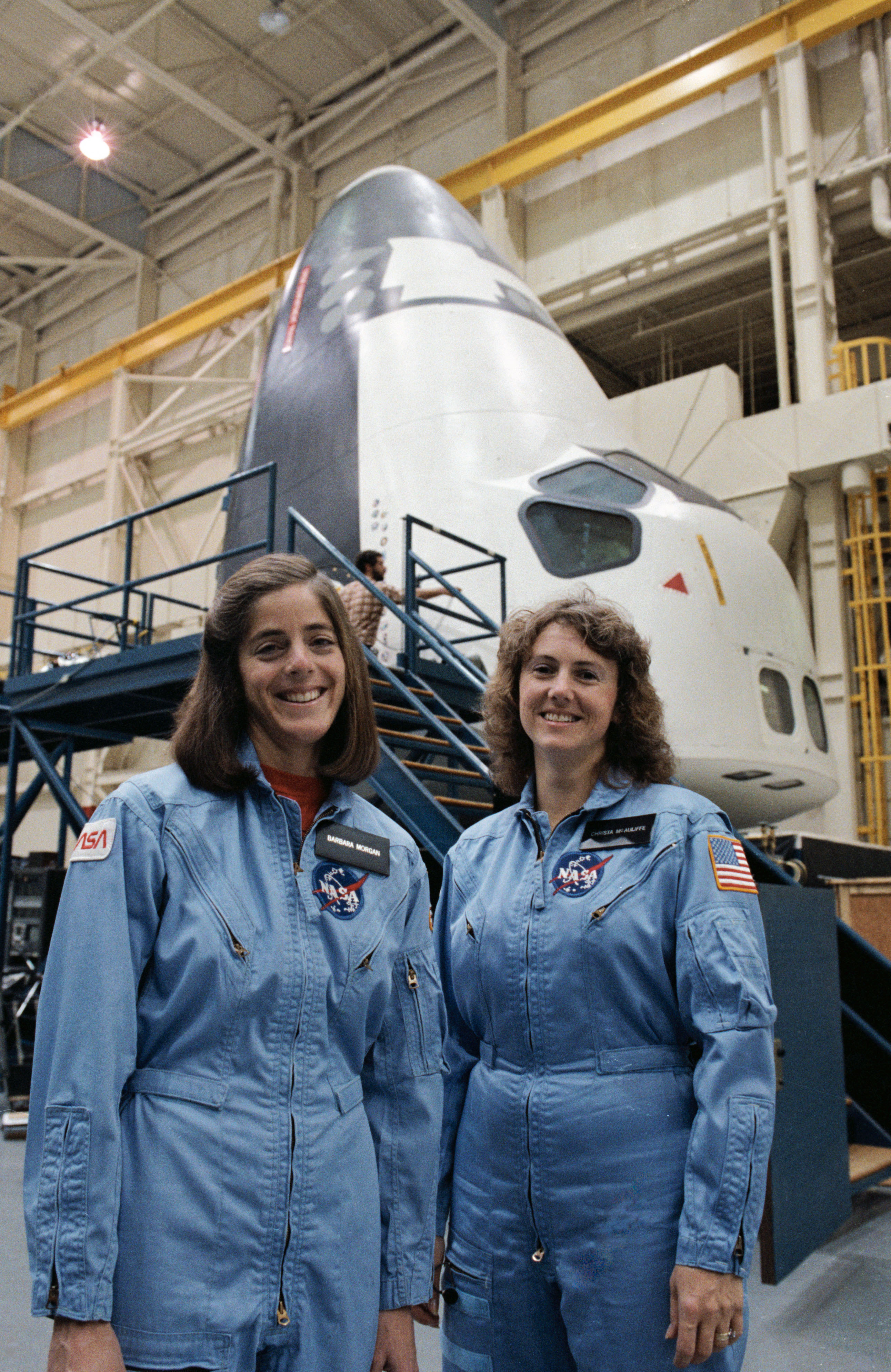 Christa McAuliffe and Barbara Morgan pose for photos after training