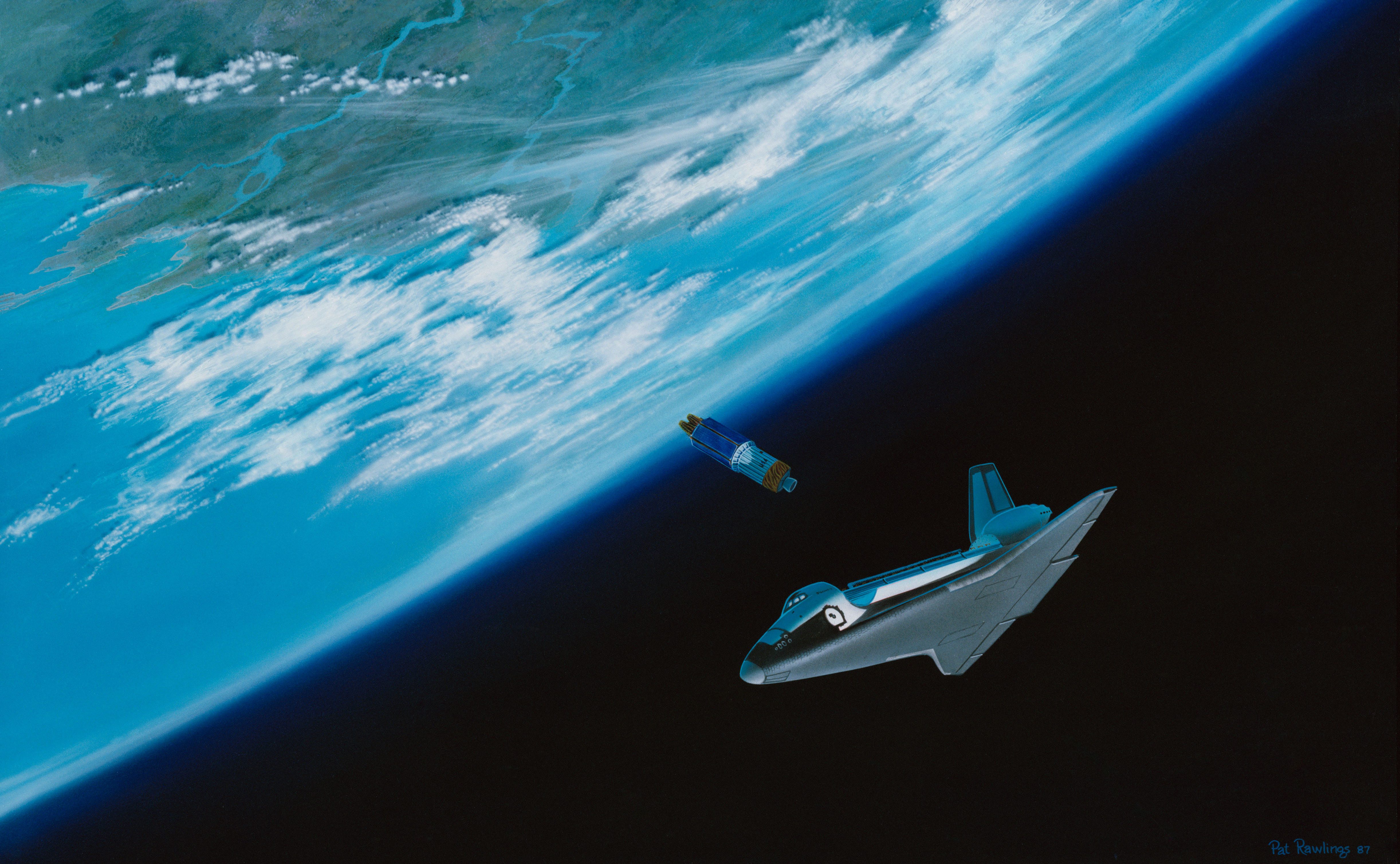 STS-26 Discovery, OV-103, artwork showing TDRS-C deployment