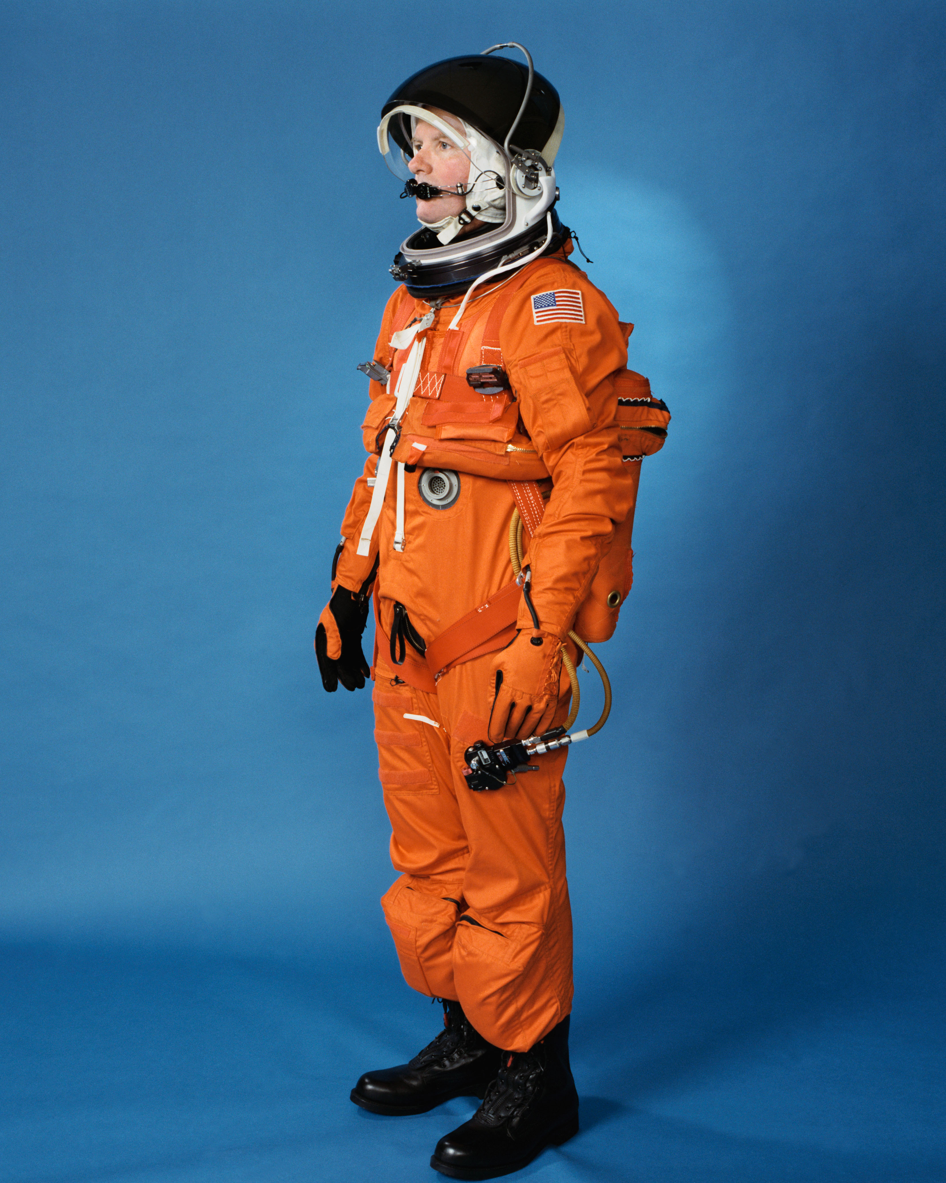 Newly designed launch and entry suit (LES) modeled by technician