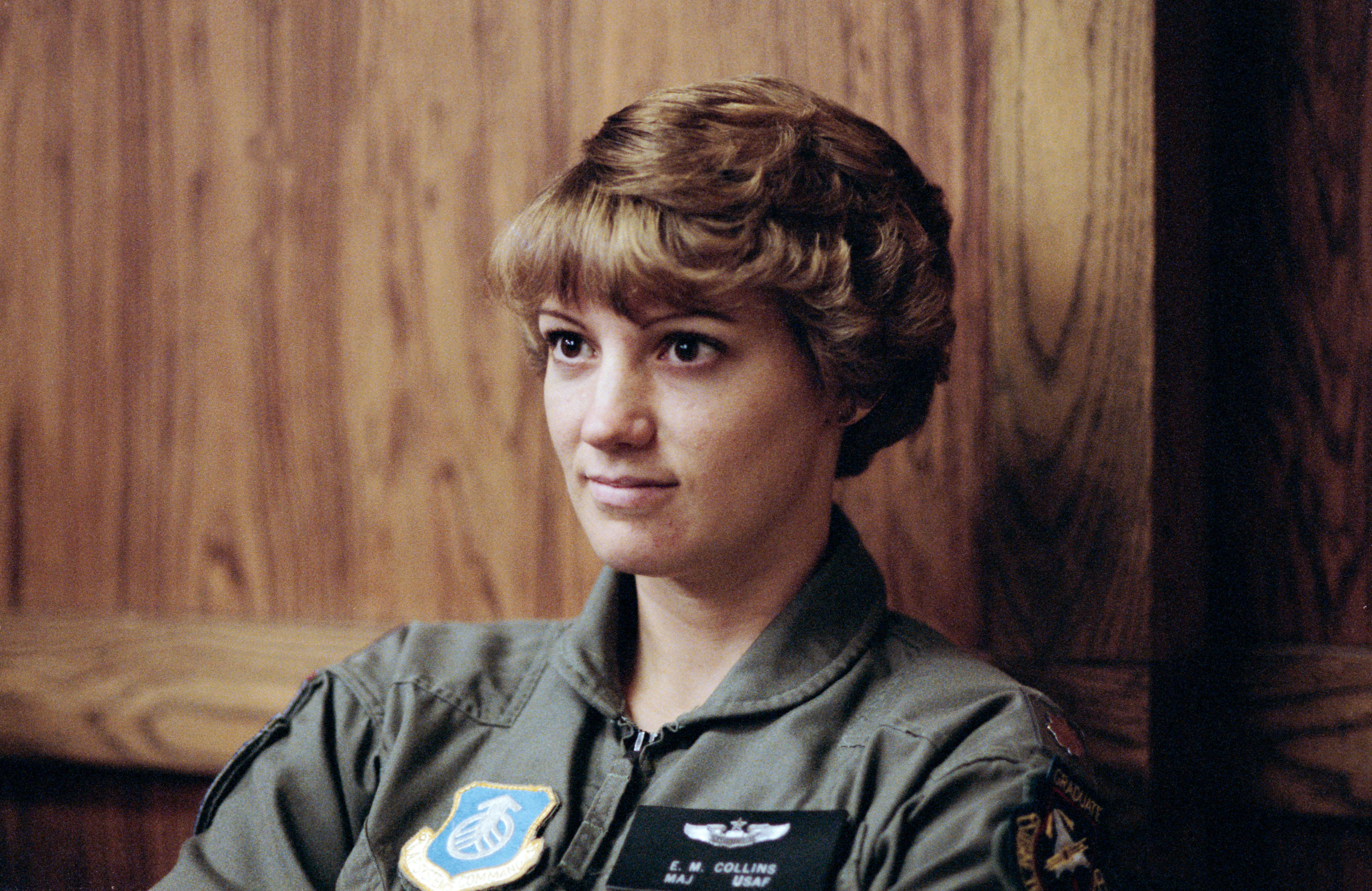Astronaut candidate Eileen Collins during parachute ejection briefing