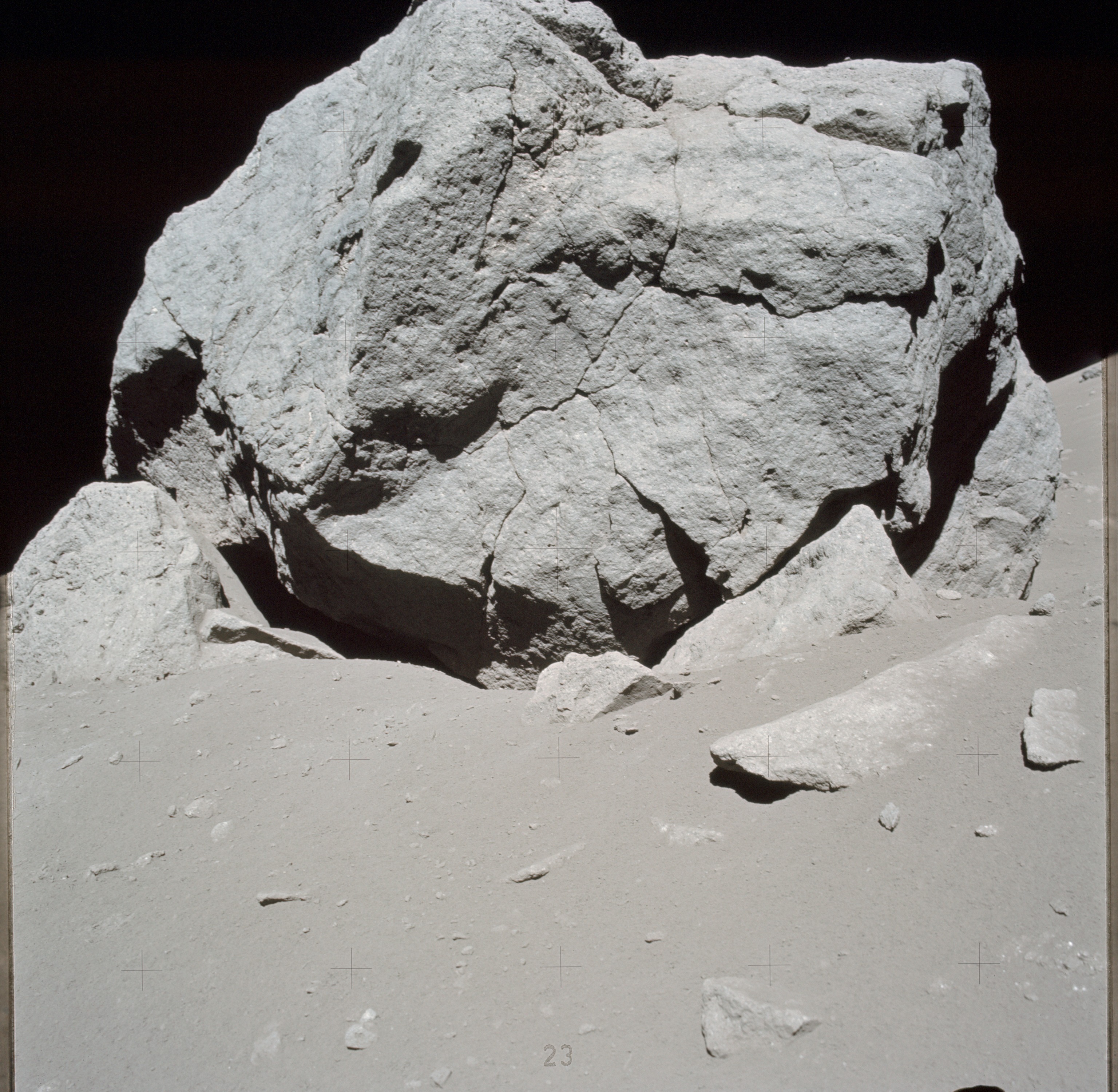 View of boulder found at Station 6 by Apollo 16 astronauts