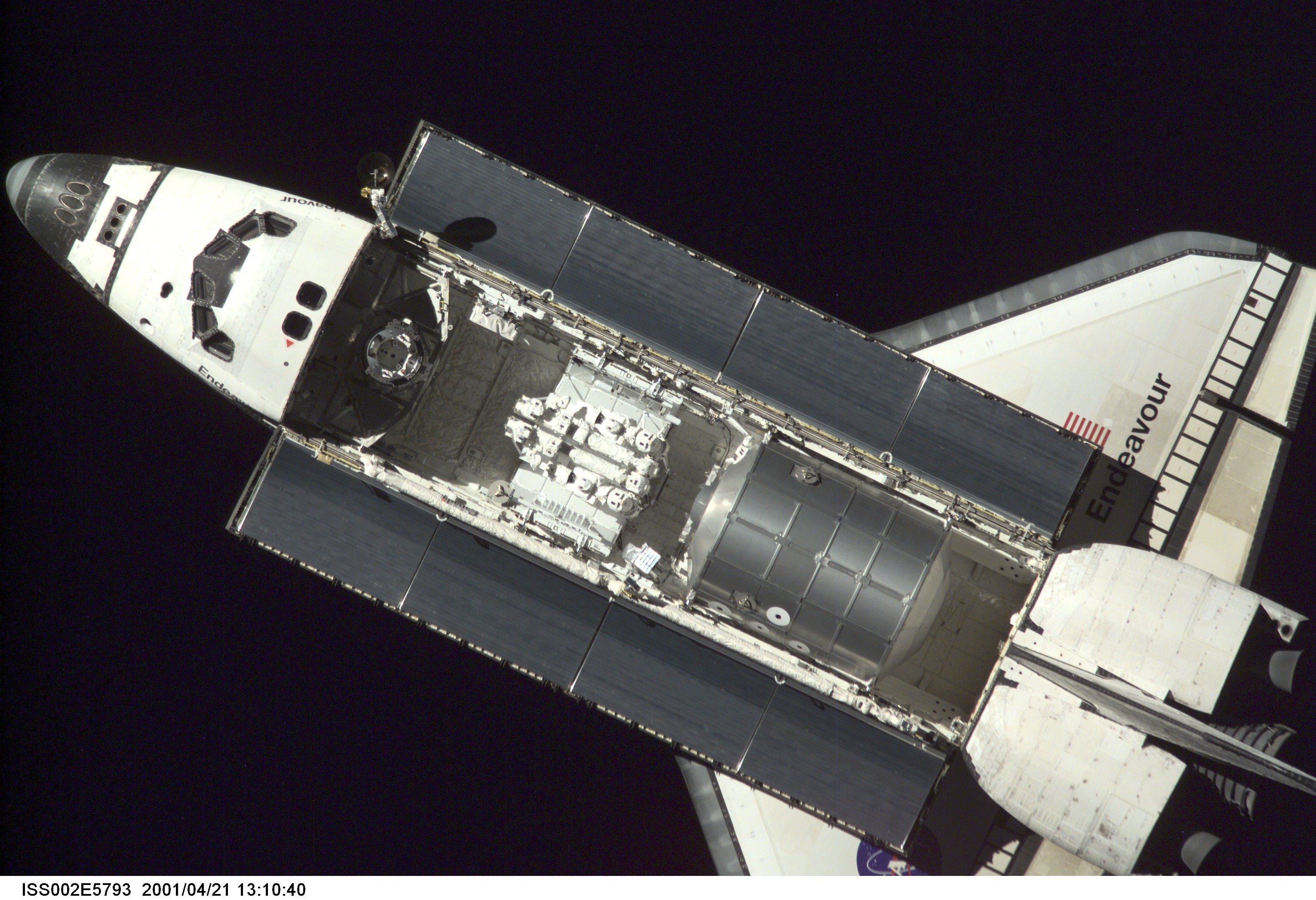 Approach view of STS-100 Endeavour prior to docking