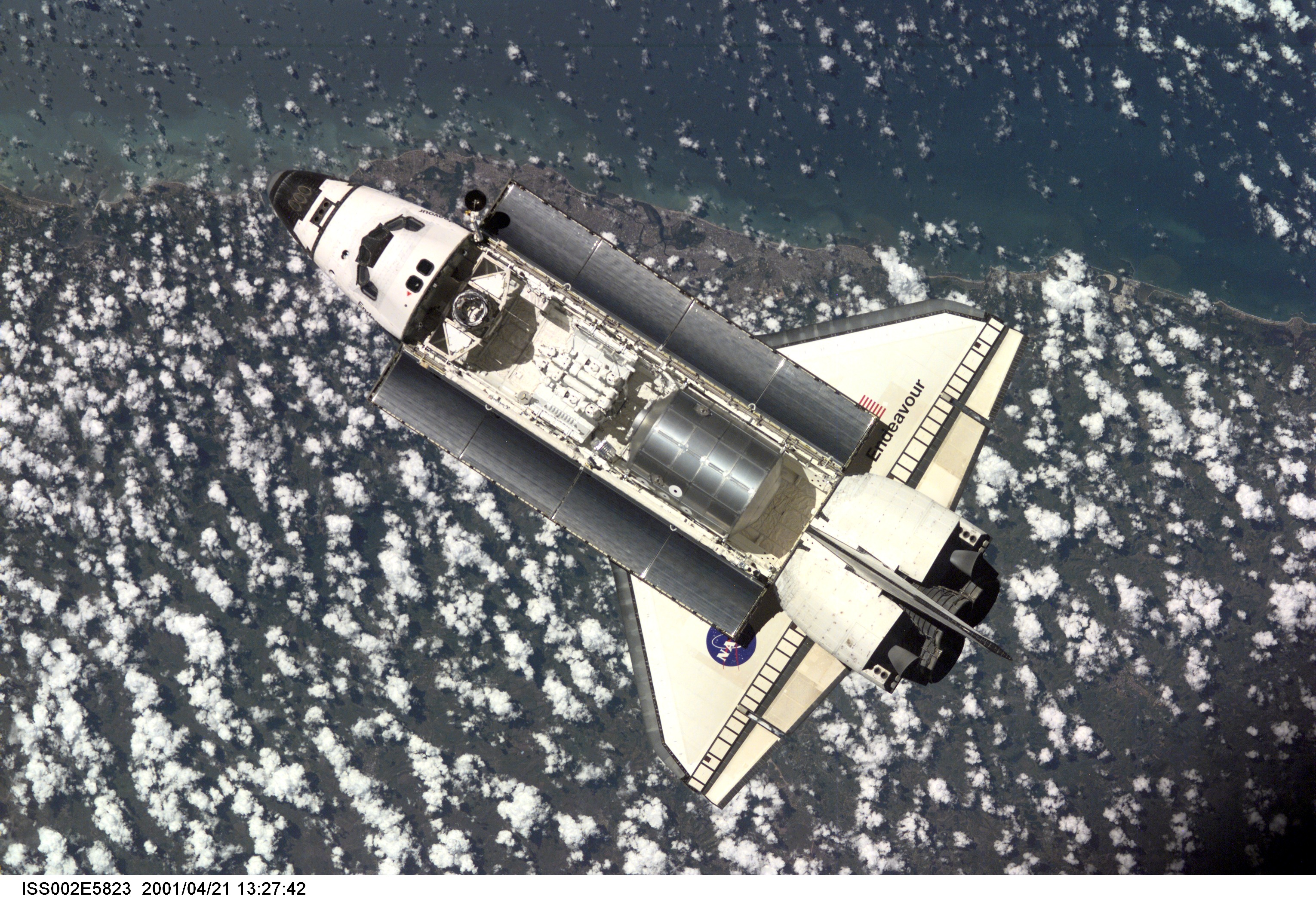 Approach view of STS-100 Endeavour prior to docking