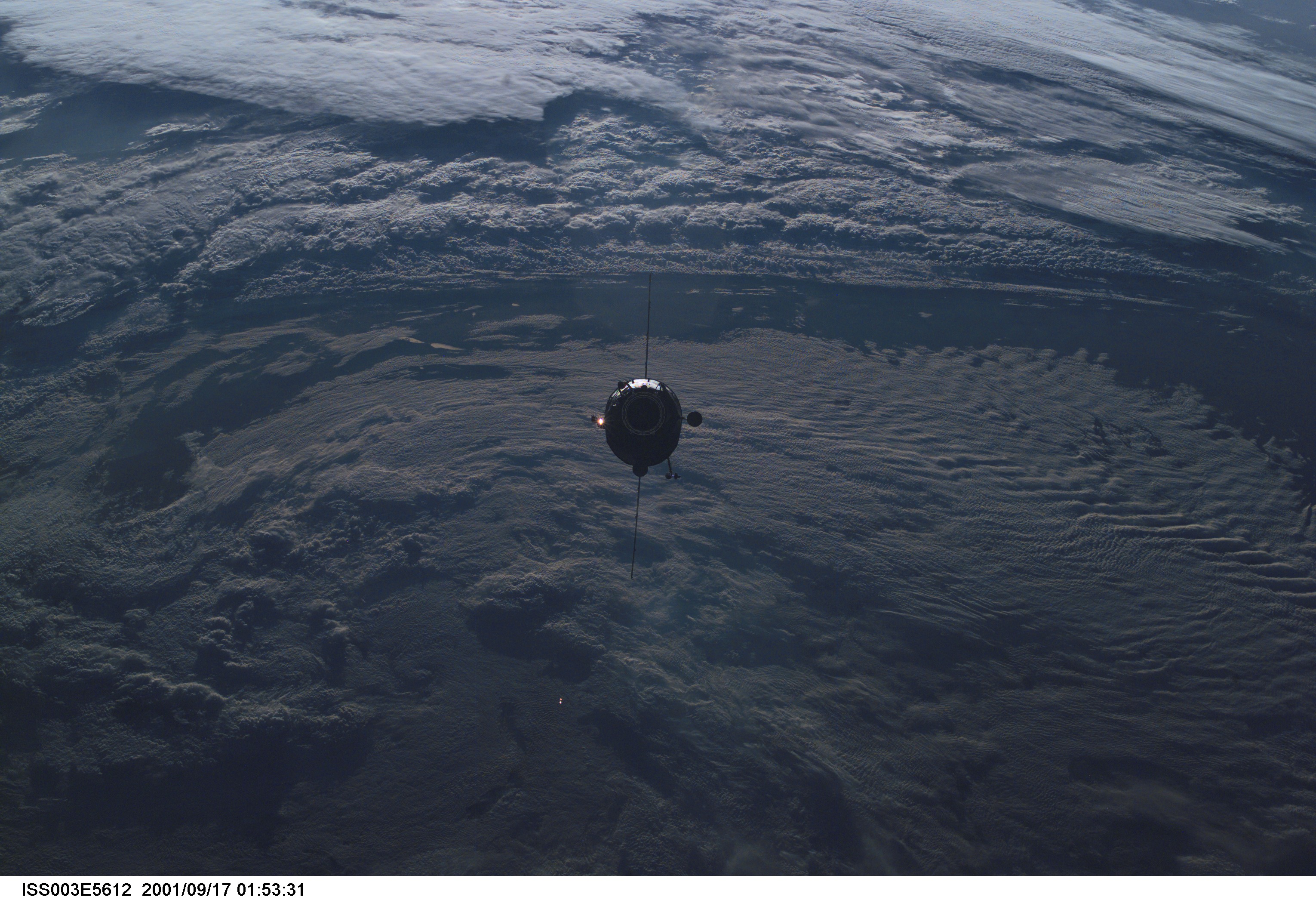 View of the Pirs Docking Compartment approaching the ISS during Expedition Three