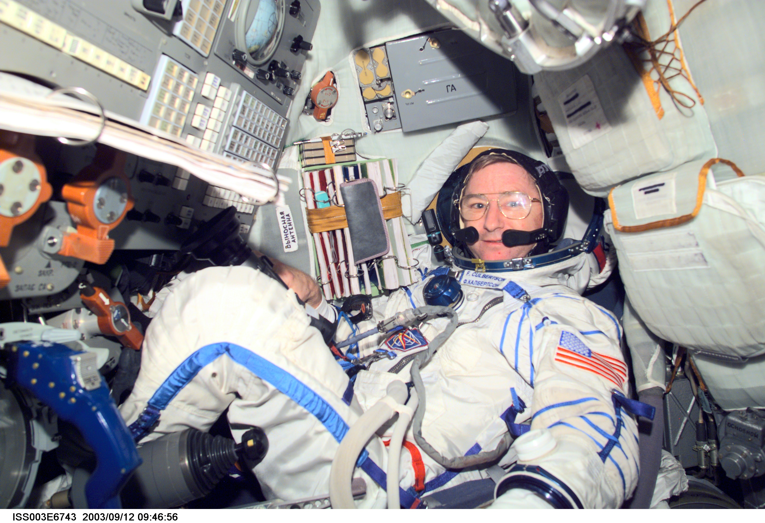 Culbertson in the Soyuz spacecraft during Expedition Three