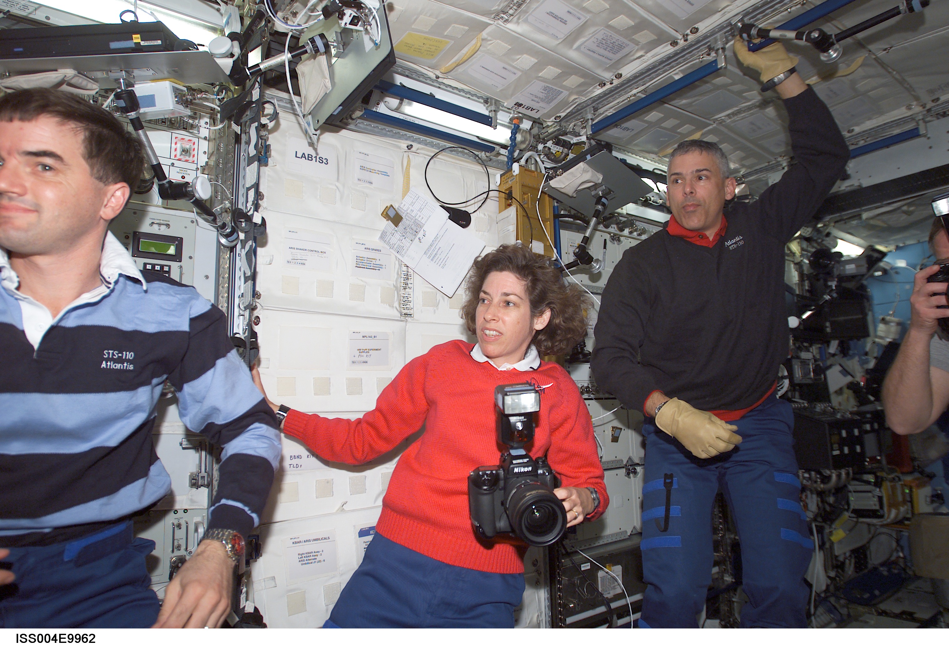 STS-110 MS Walheim, Ochoa, and Morin in U.S. Destiny Lab during Expedition Four