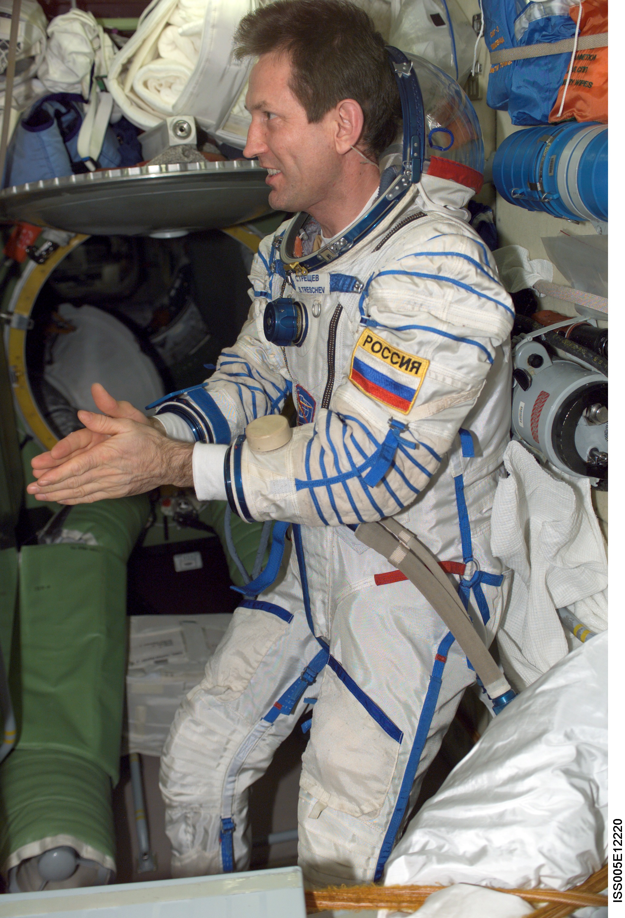 Treschev wearing a Russian Sokol suit in the FGB during Expedition Five on the ISS