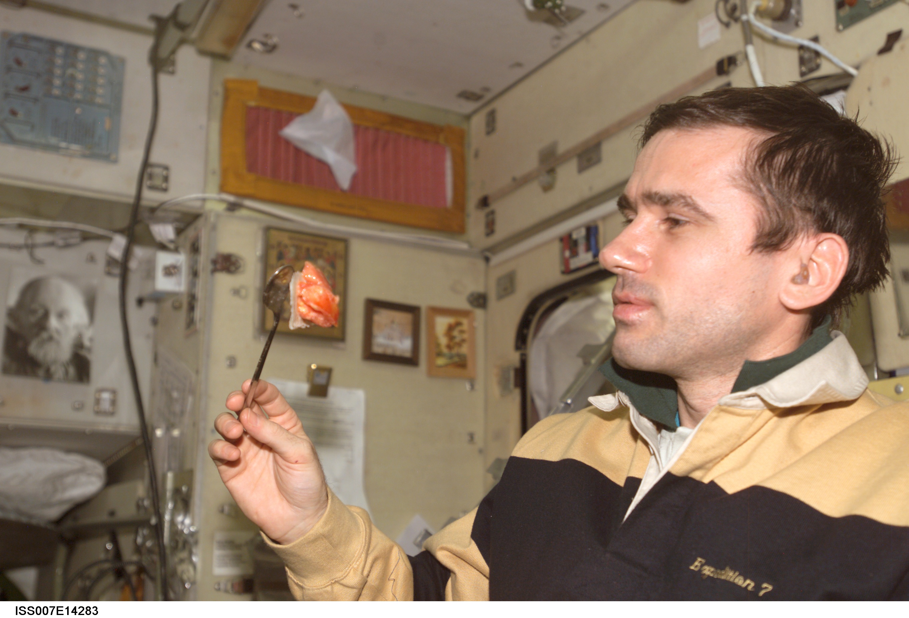 Expedition Seven Malenchenko eating in Zvezda Service module