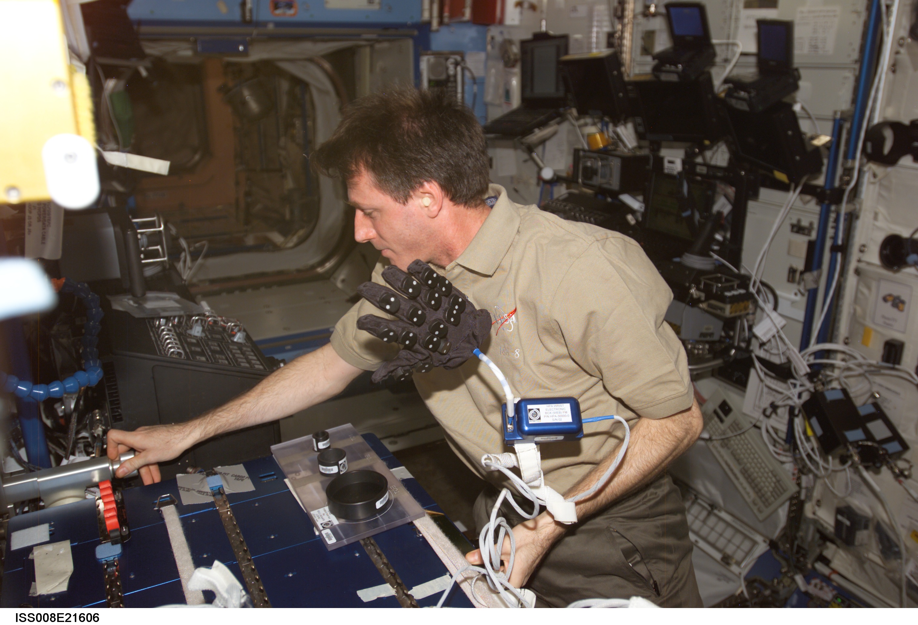Foale performs Hand Posture Analysis (HPA) experiment OPS in U.S. Lab during Expedition 8