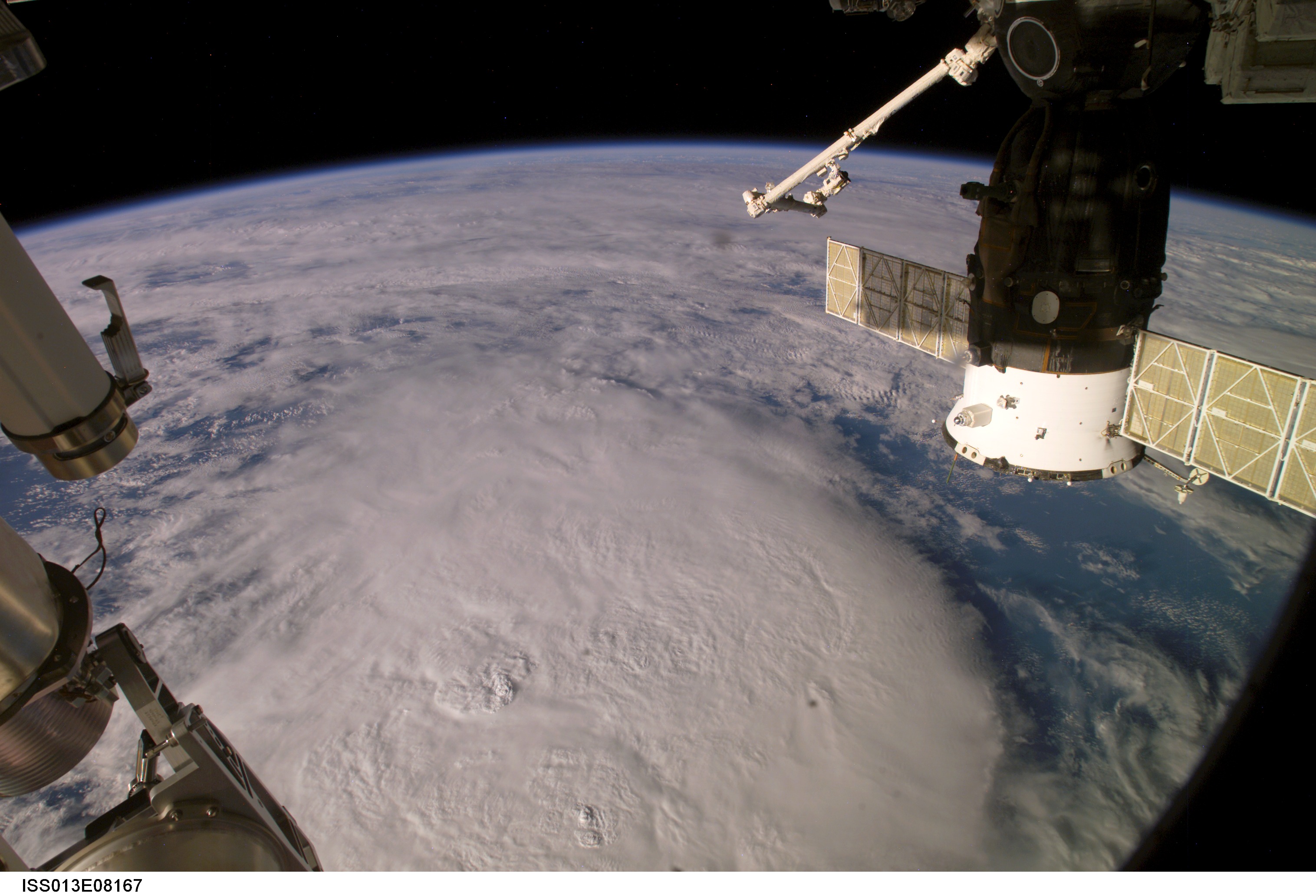 Soyuz Spacecraft TMA-8 docked to the ISS taken during Expedition 13