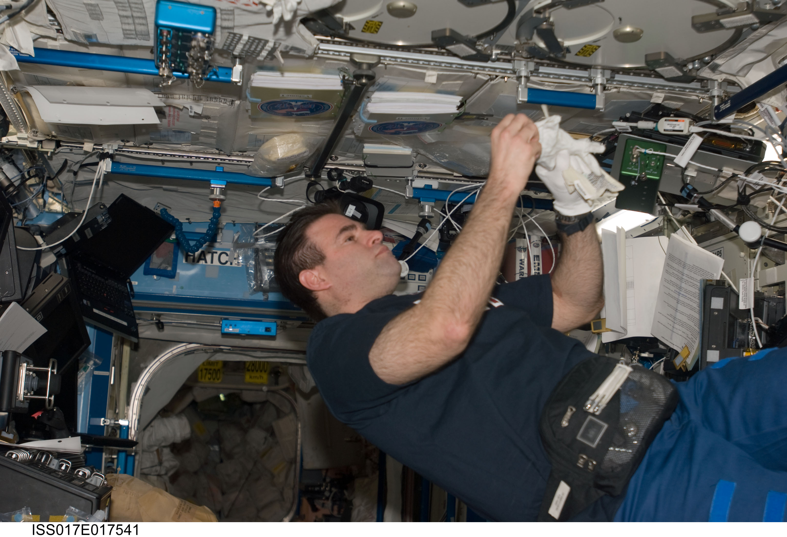 Chamitoff works with the MELFI in the U.S. Laboratory during Expedition 17