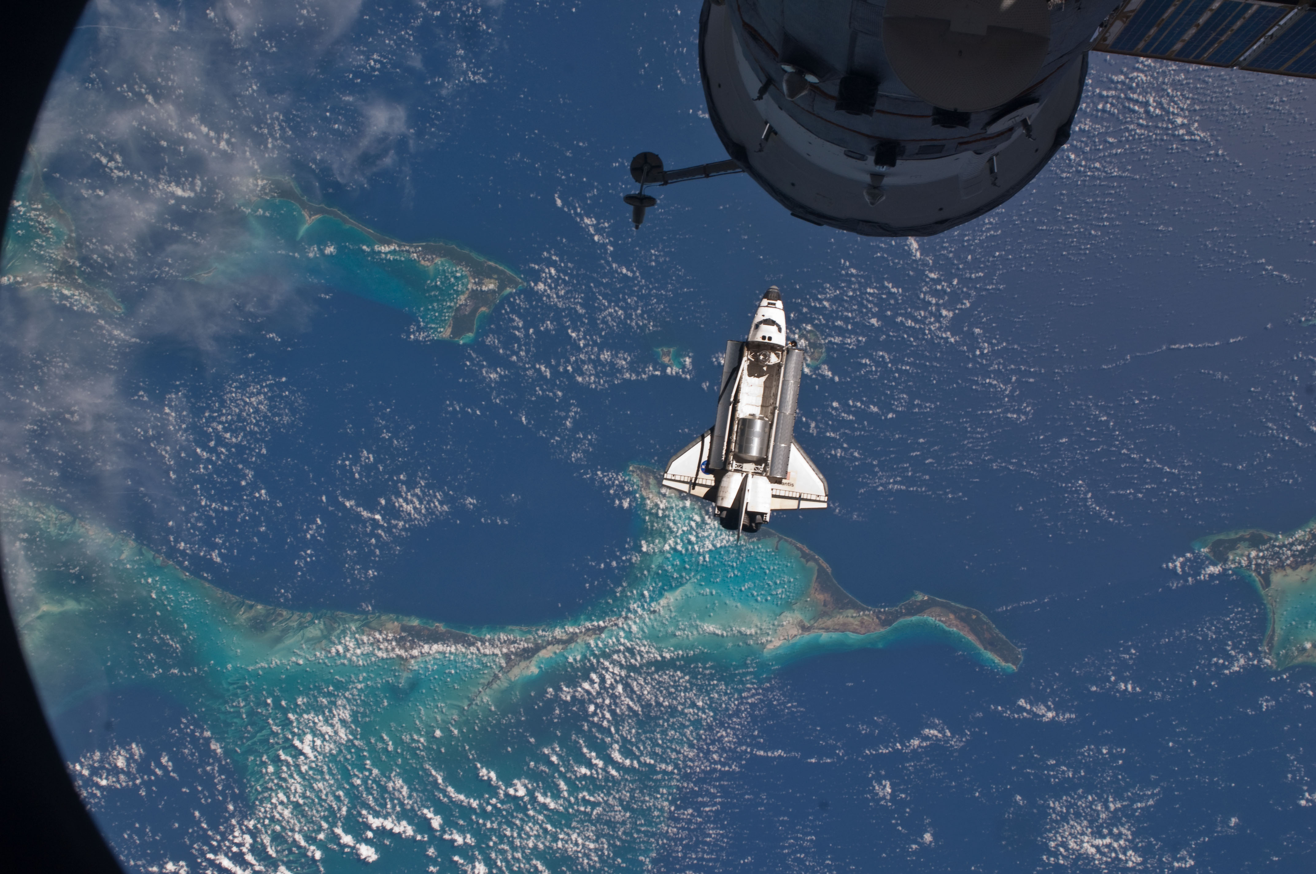 View of the Shuttle Atlantis during approach to the ISS