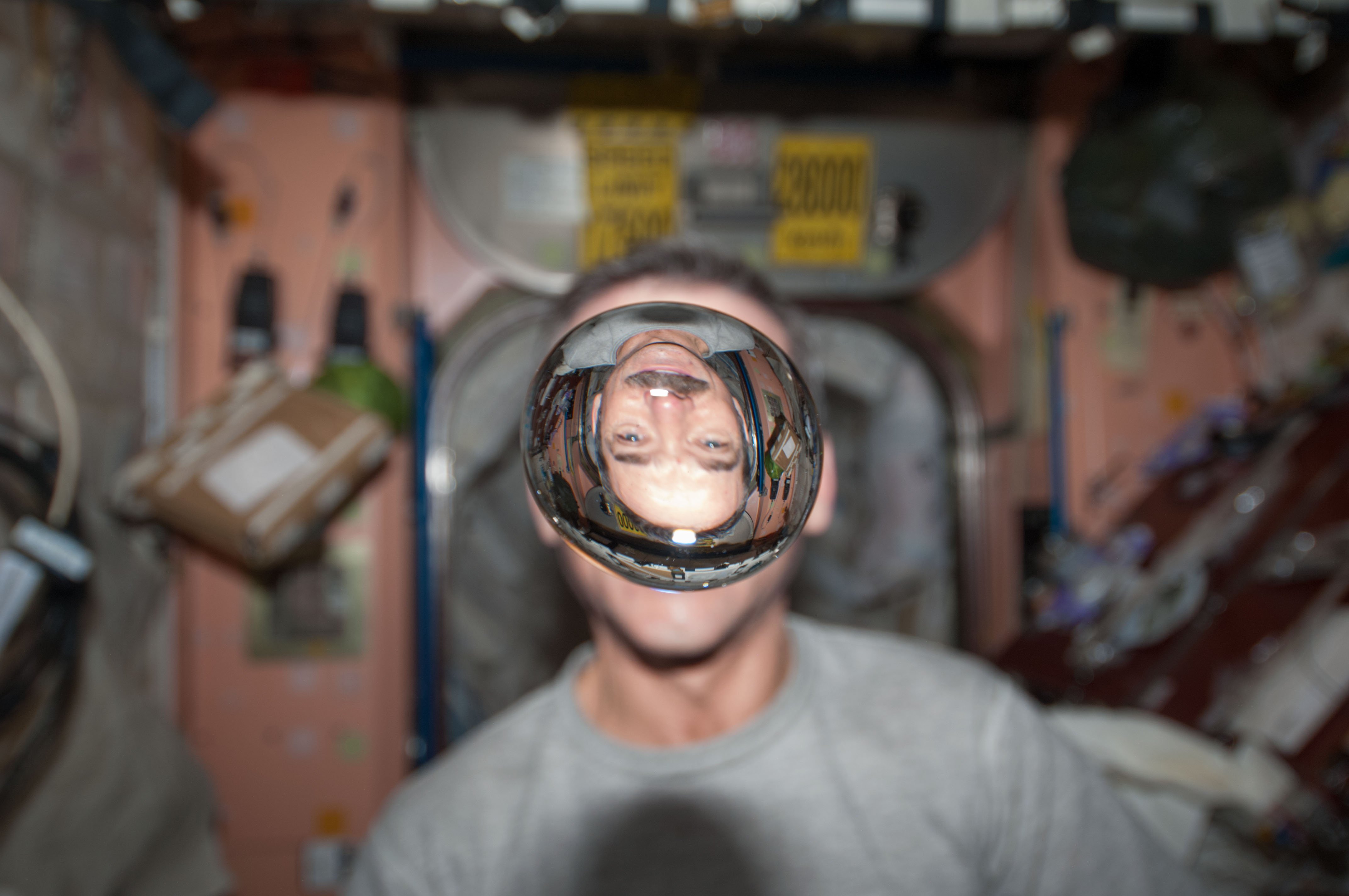 Hadfield watches a water bubble float freely in the Node 1
