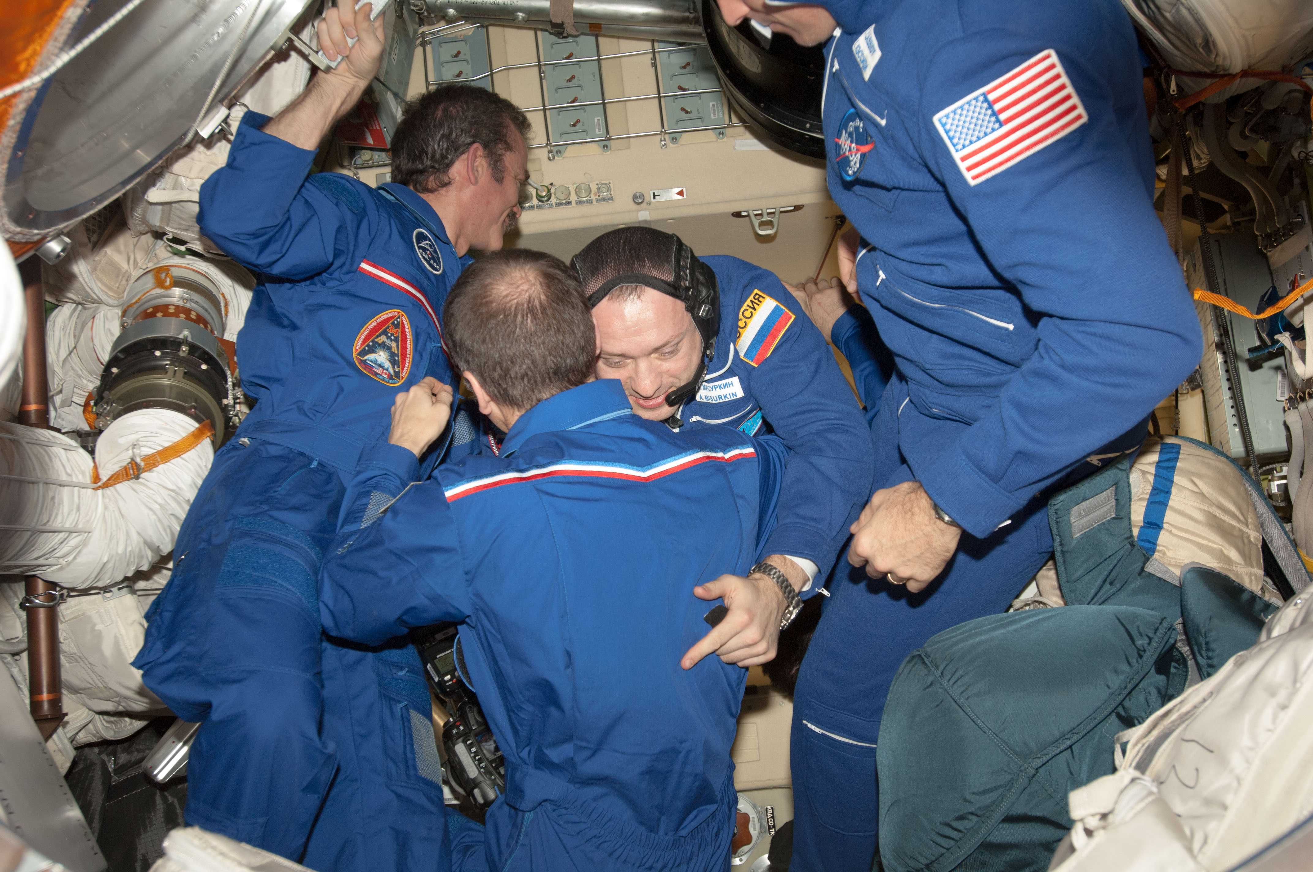 Crewmembers in MRM2 following Soyuz TMA-08M/34S Hatch Opening