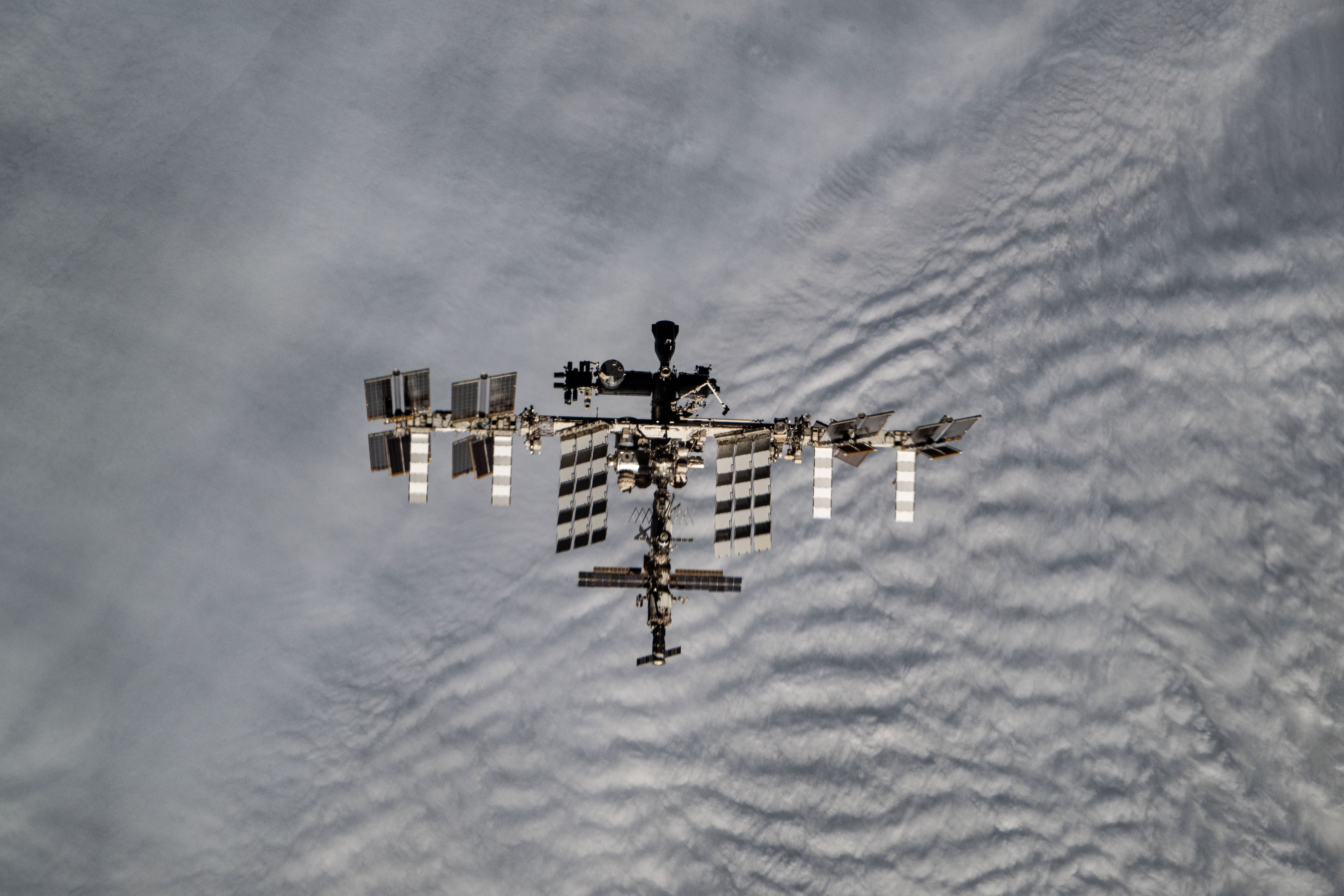 The International Space Station is pictured from the SpaceX Dragon crew spacecraft