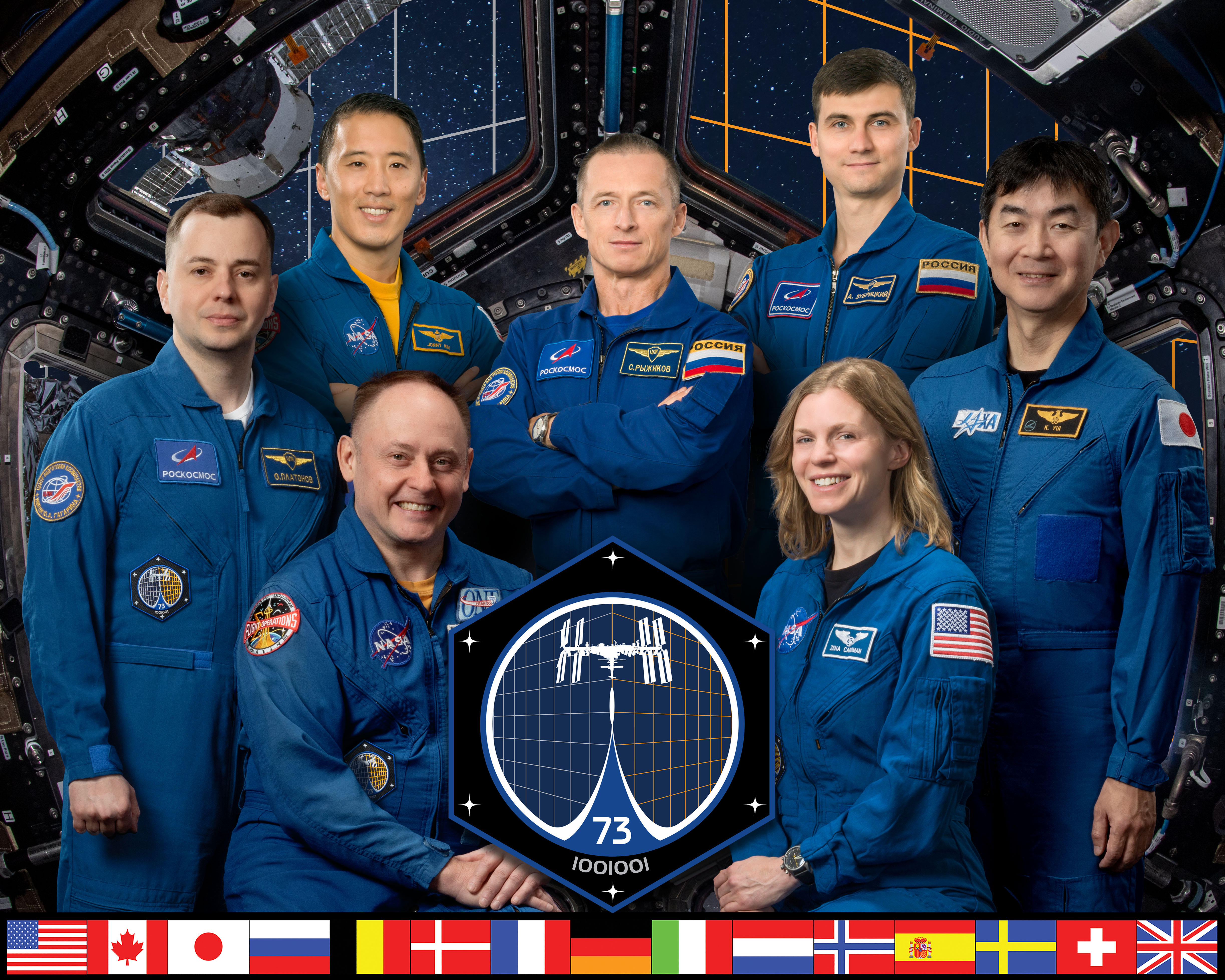 The updated official portrait of the International Space Station's seven-member Expedition 73 crew