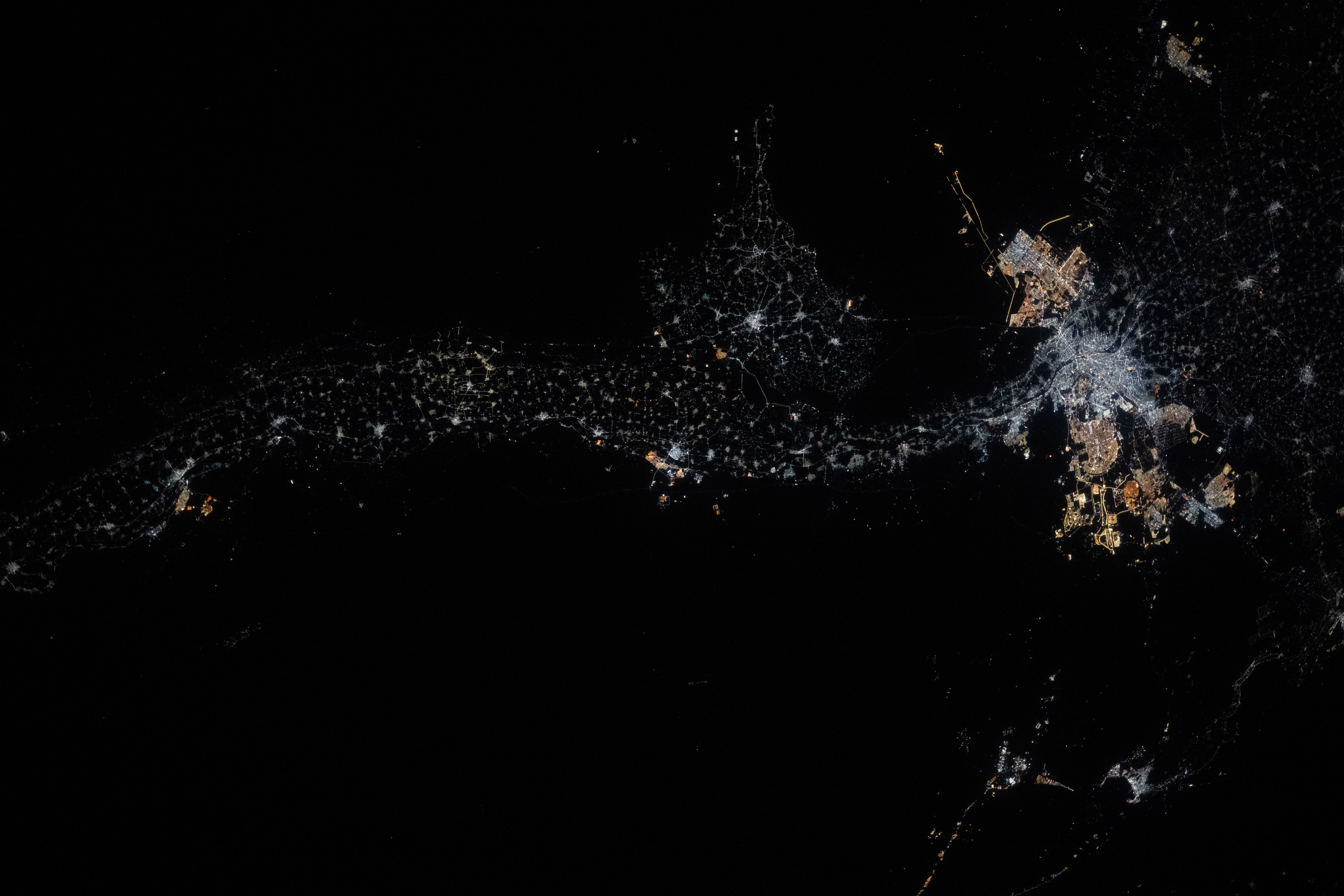 Egypt’s Nile River stretches is pictured at night from the International Space Station