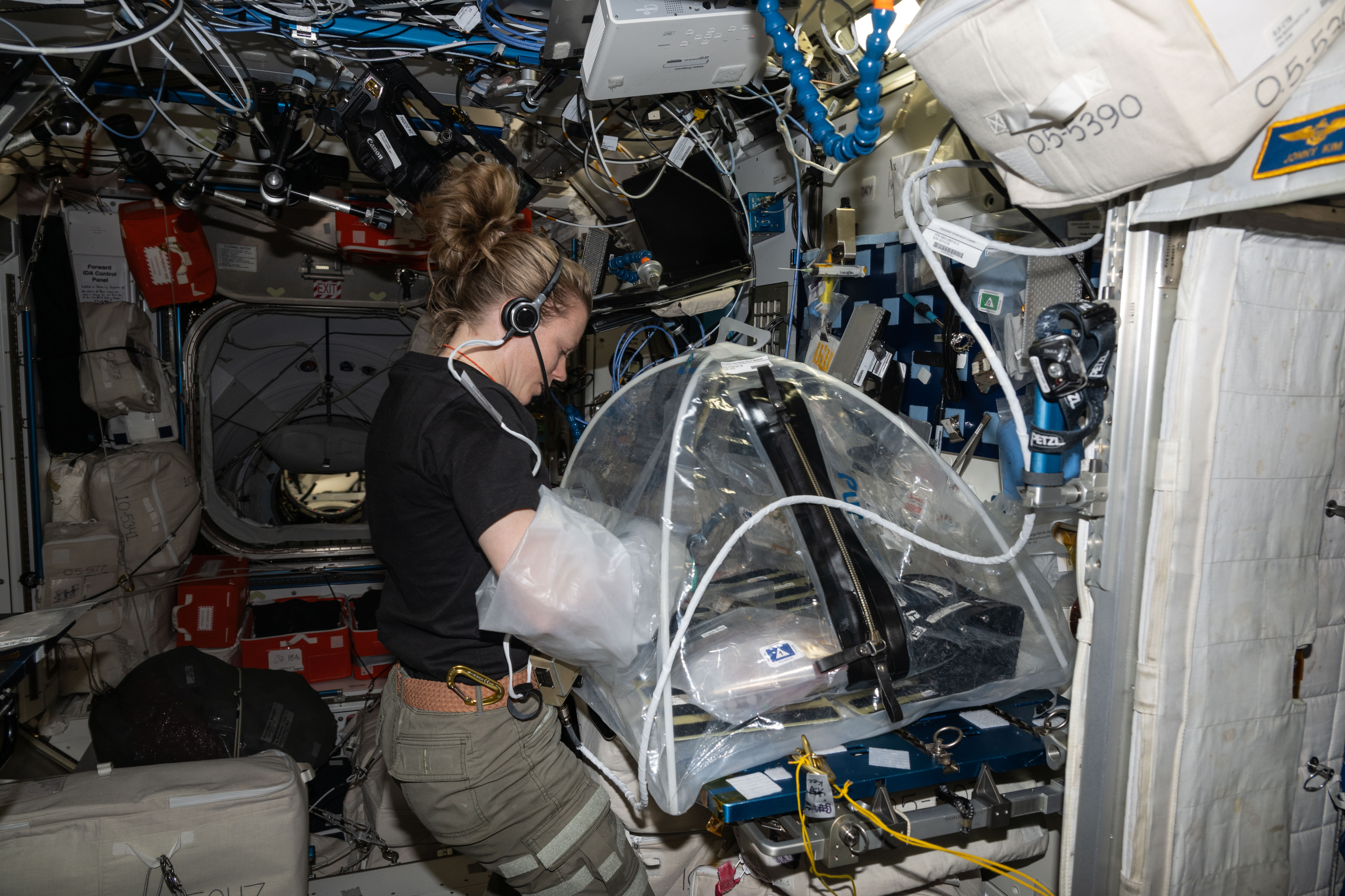 NASA astronaut Zena Cardman installs liver tissue samples into an artificial gravity generator