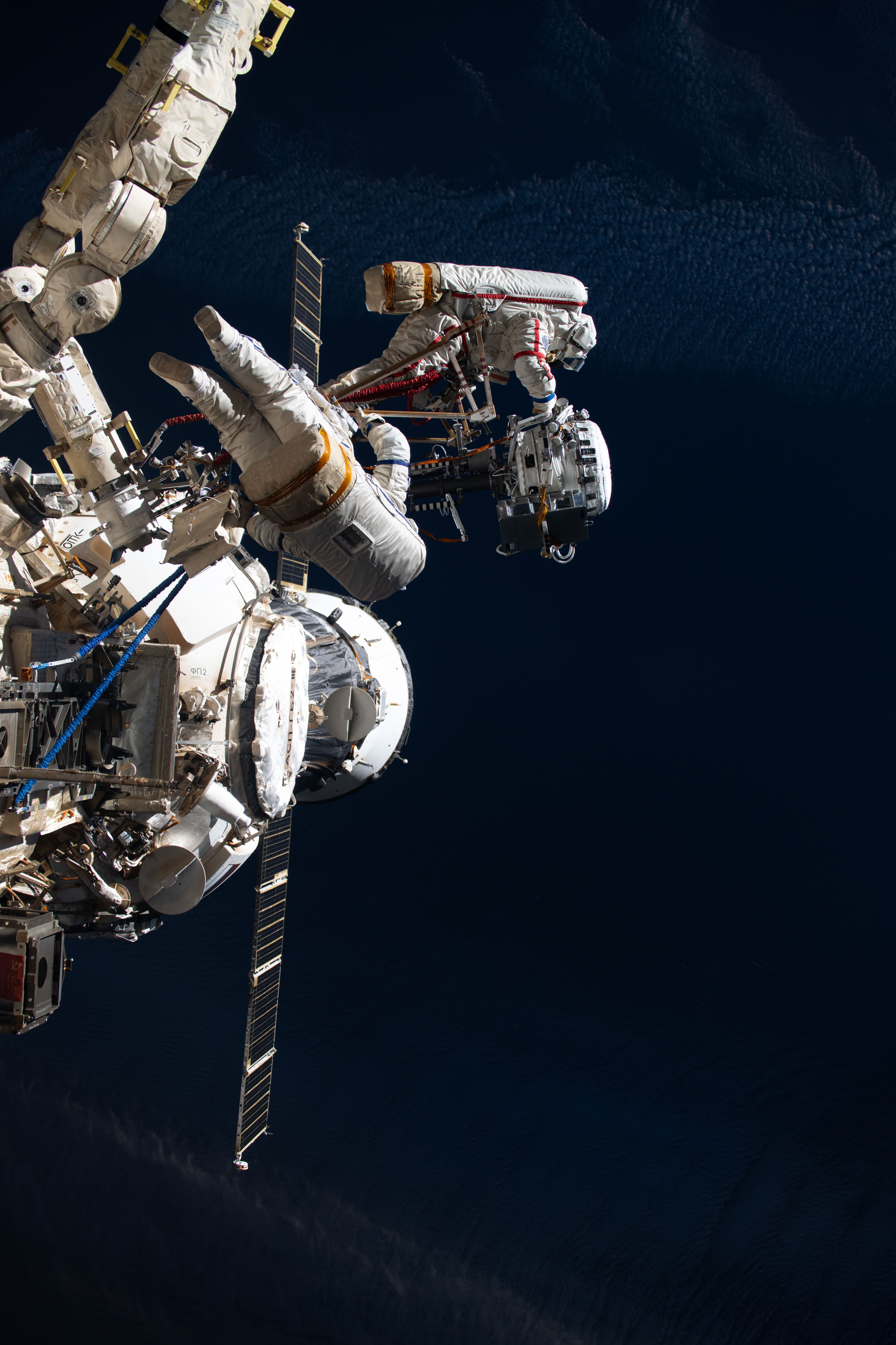 Cosmonauts Alexey Zubritsky and Sergey Ryzhikov are pictured during a spacewalk