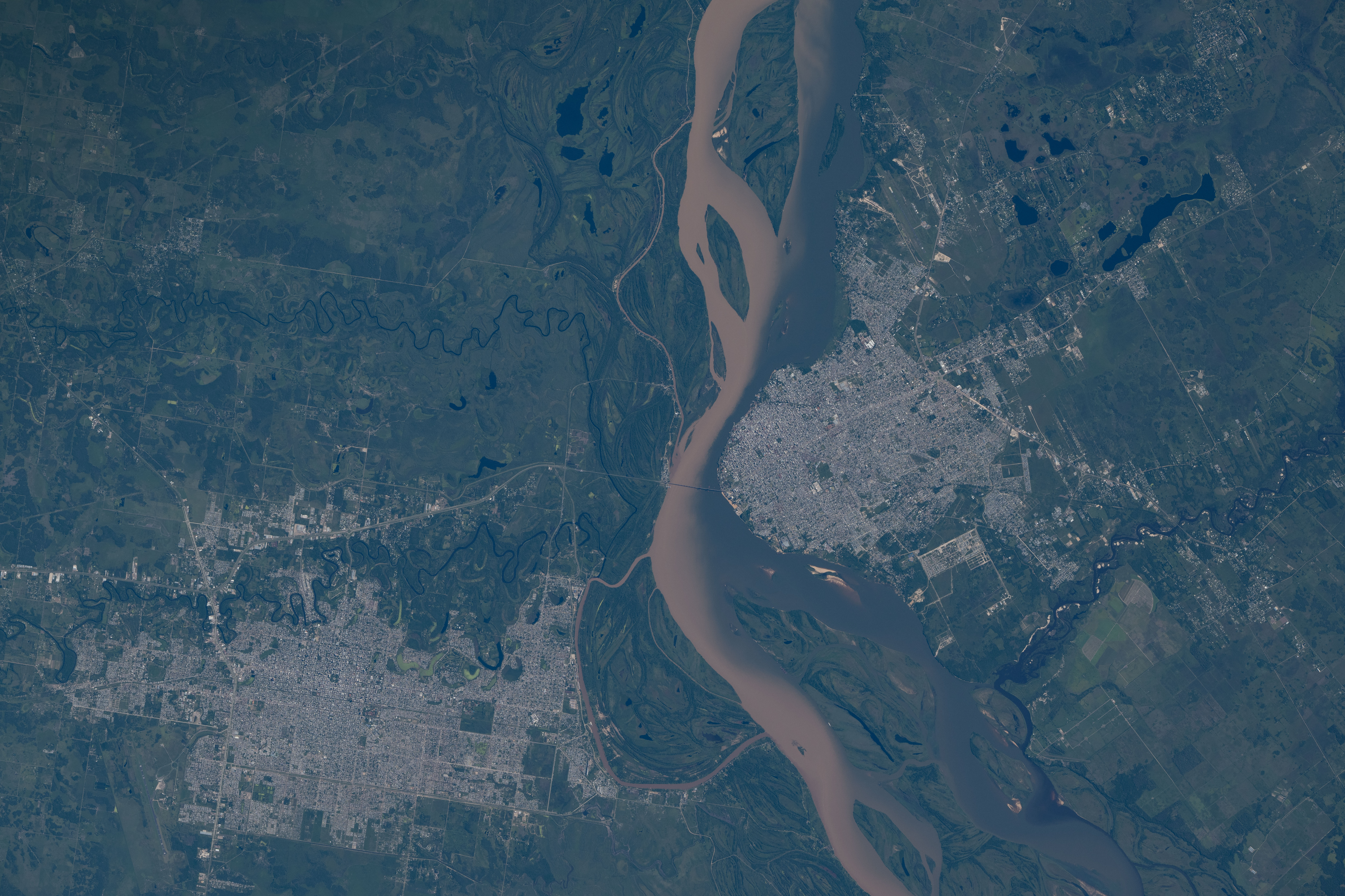 The cities of Resistencia and Corrientes in Argentina on the Paraná River