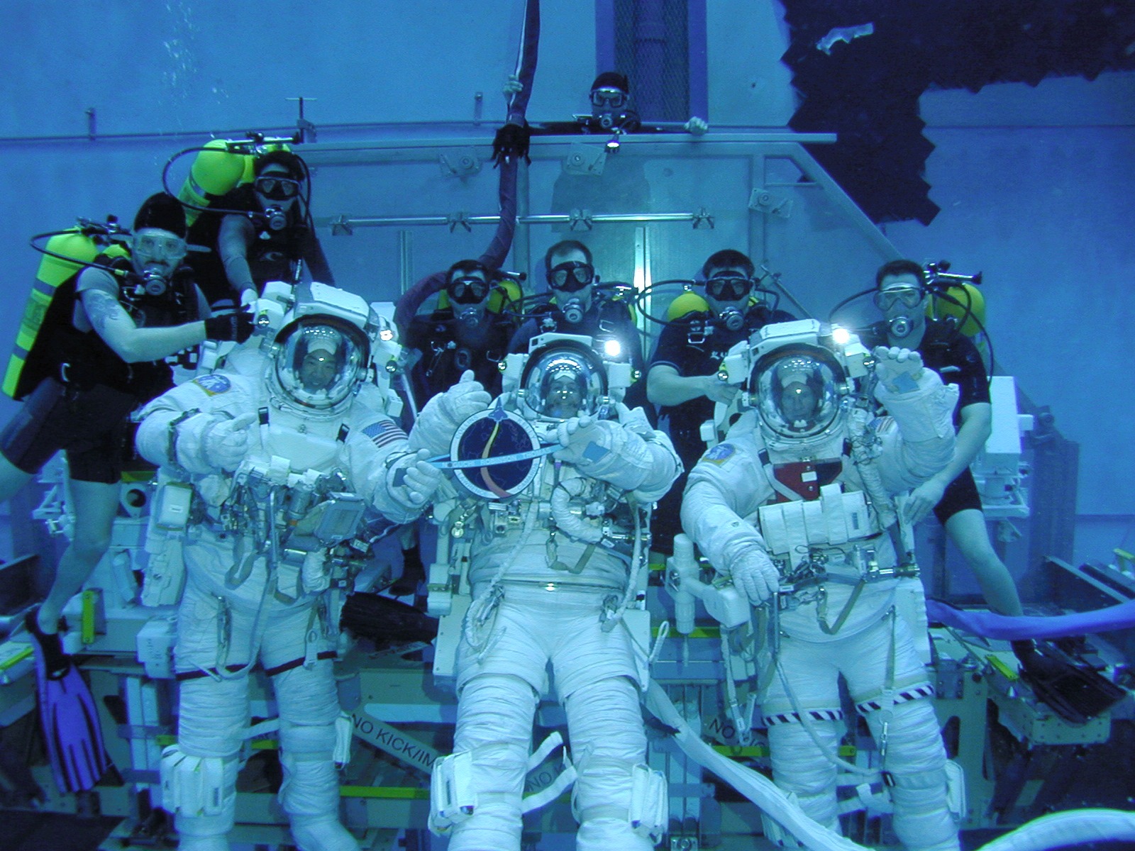 STS-114 astronauts during underwater training