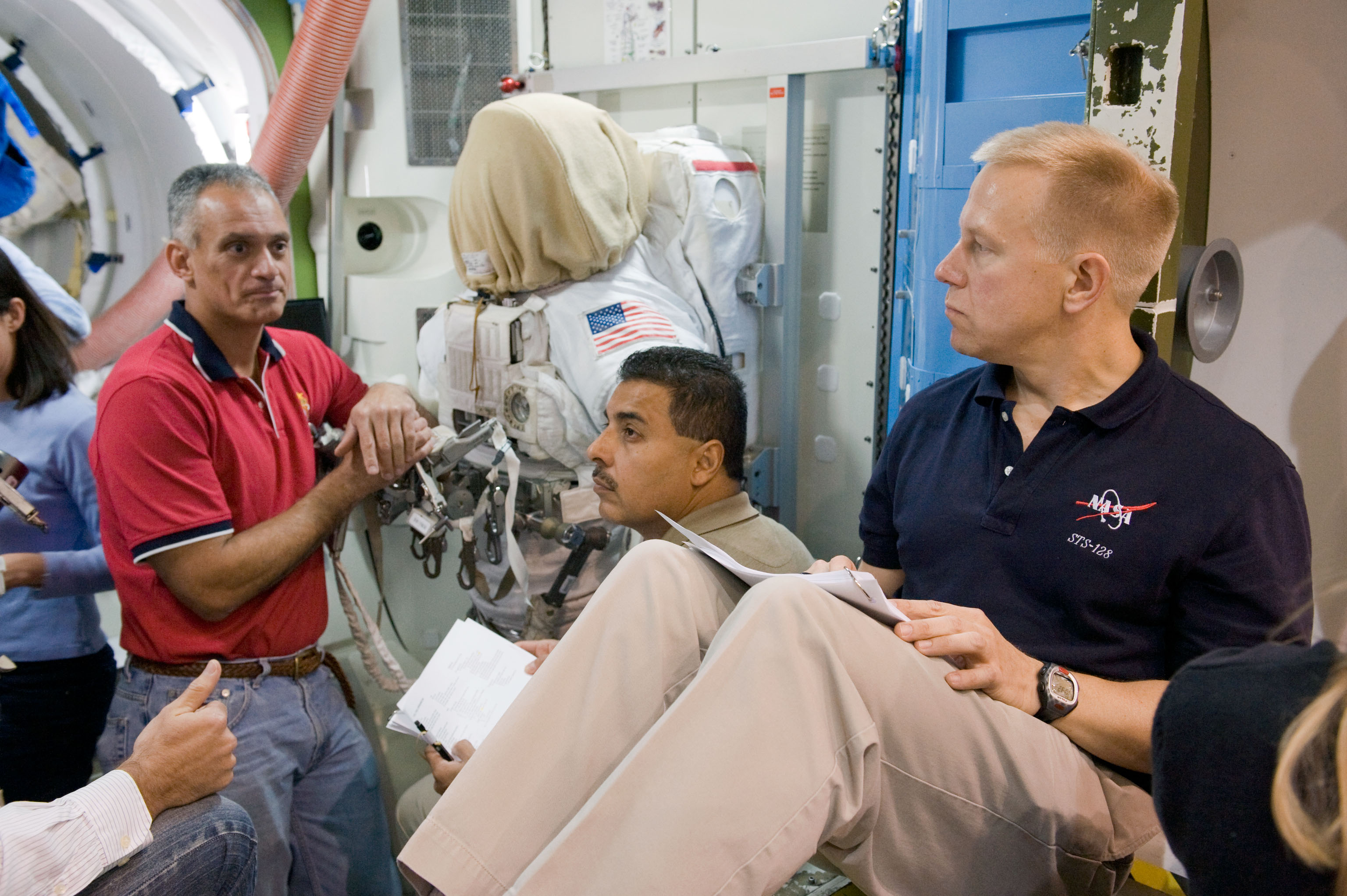 Preflight coverage of STS-128 & Expedition 20 crews training in ISS Airlock mockup.