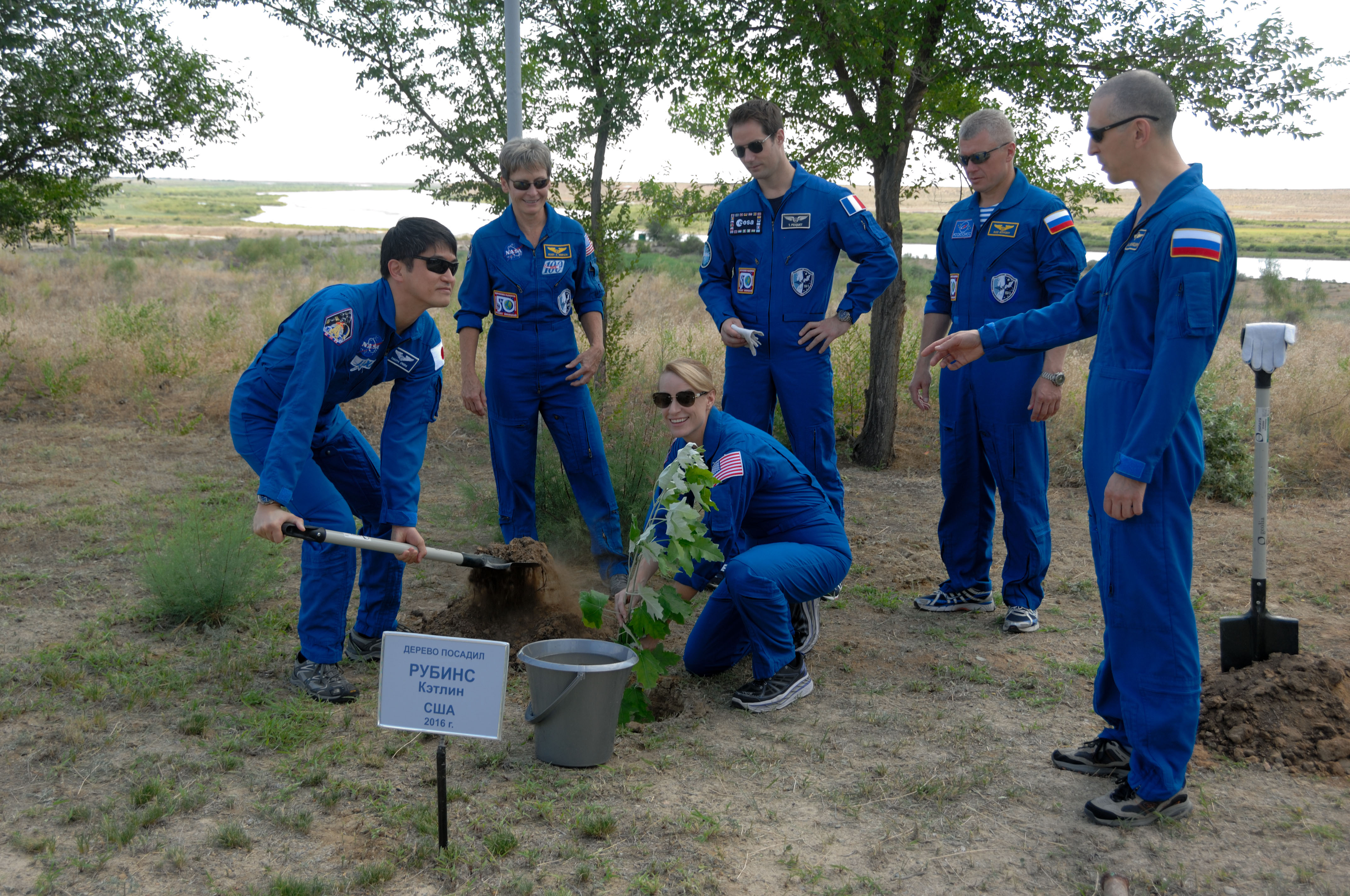 At the Cosmonaut Hotel in Baikonur, Kazakhstan, Expedition 48-49 crewmember Takuya Onishi of the Japan Aerospace Exploration Agency (left) lends a hand to NASA���s Kate Rubins (crouching) as she plants a tree in her name June 30 in traditional pre-launch activities. Standing from left to right are backup crewmembers Peggy Whitson of NASA, Thomas Pesquet of the European Space Agency and Oleg Novitskiy of Roscosmos and prime crewmember Anatoly Ivanishin of Roscosmos. Rubins, Ivanishin and Onishi will launch July 7, Baikonur time, on the Soyuz MS-01 spacecraft for a planned four-month mission on the International Space Station...NASA/Alexander Vysotsky.