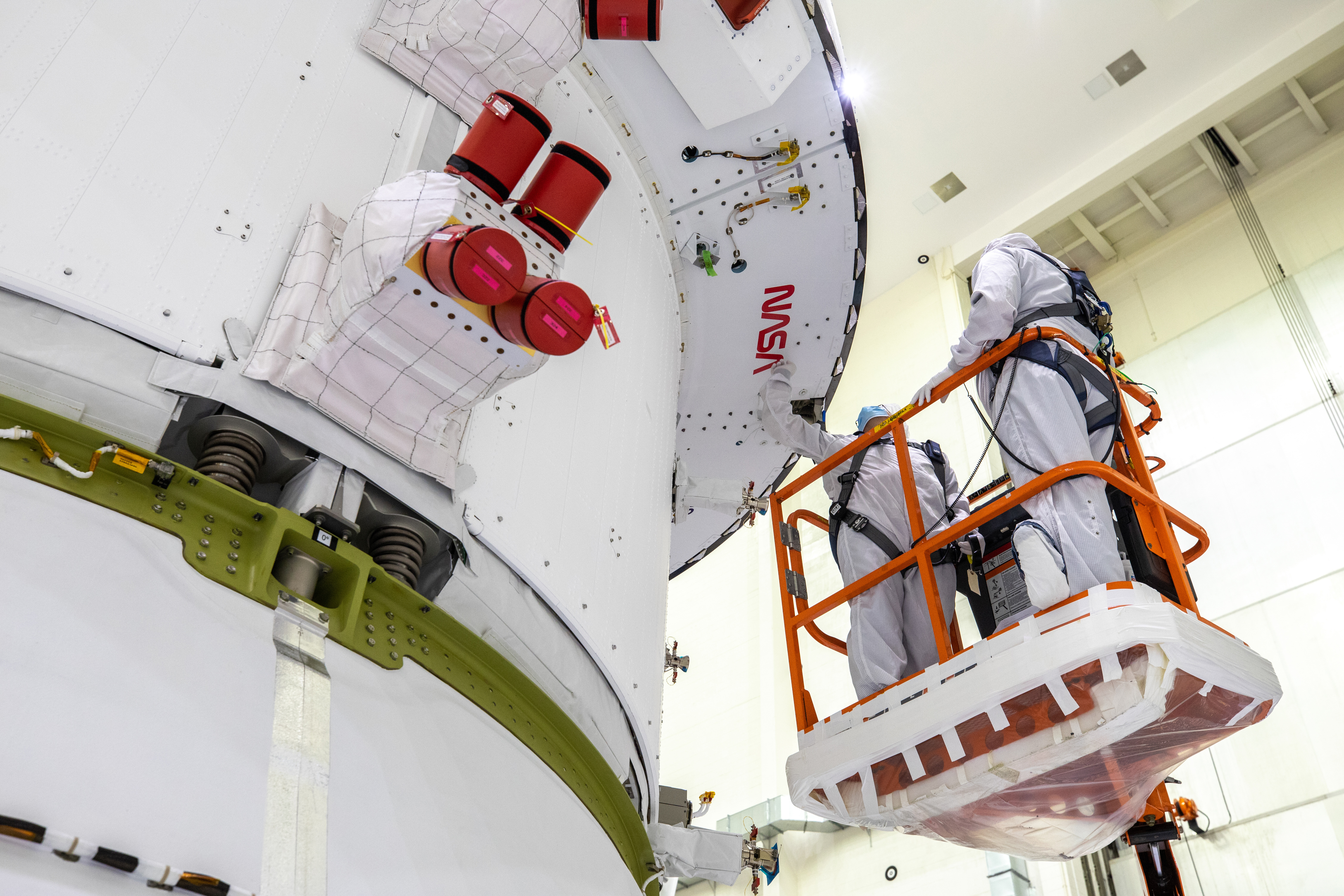 NASA and ESA logo installation on Artemis I spacecraft