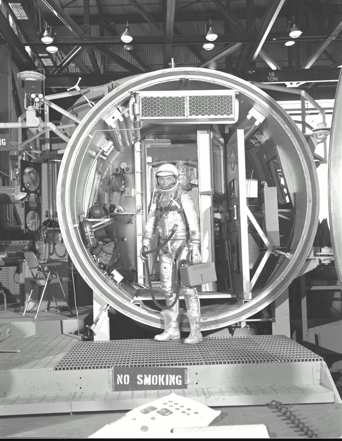 Astronaut John Glenn, suited, during altitude chamber test