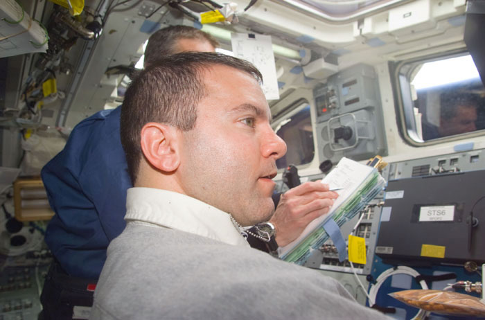 MS Richards during hardware checkout on the flight deck