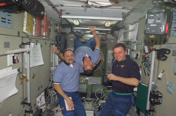 Usachev, Voss and Gidzenko together in the Service Module