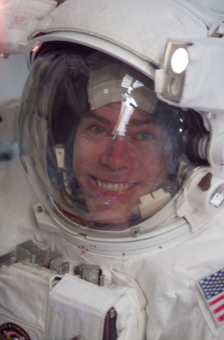 Close-up view of Barry and his EMU helmet