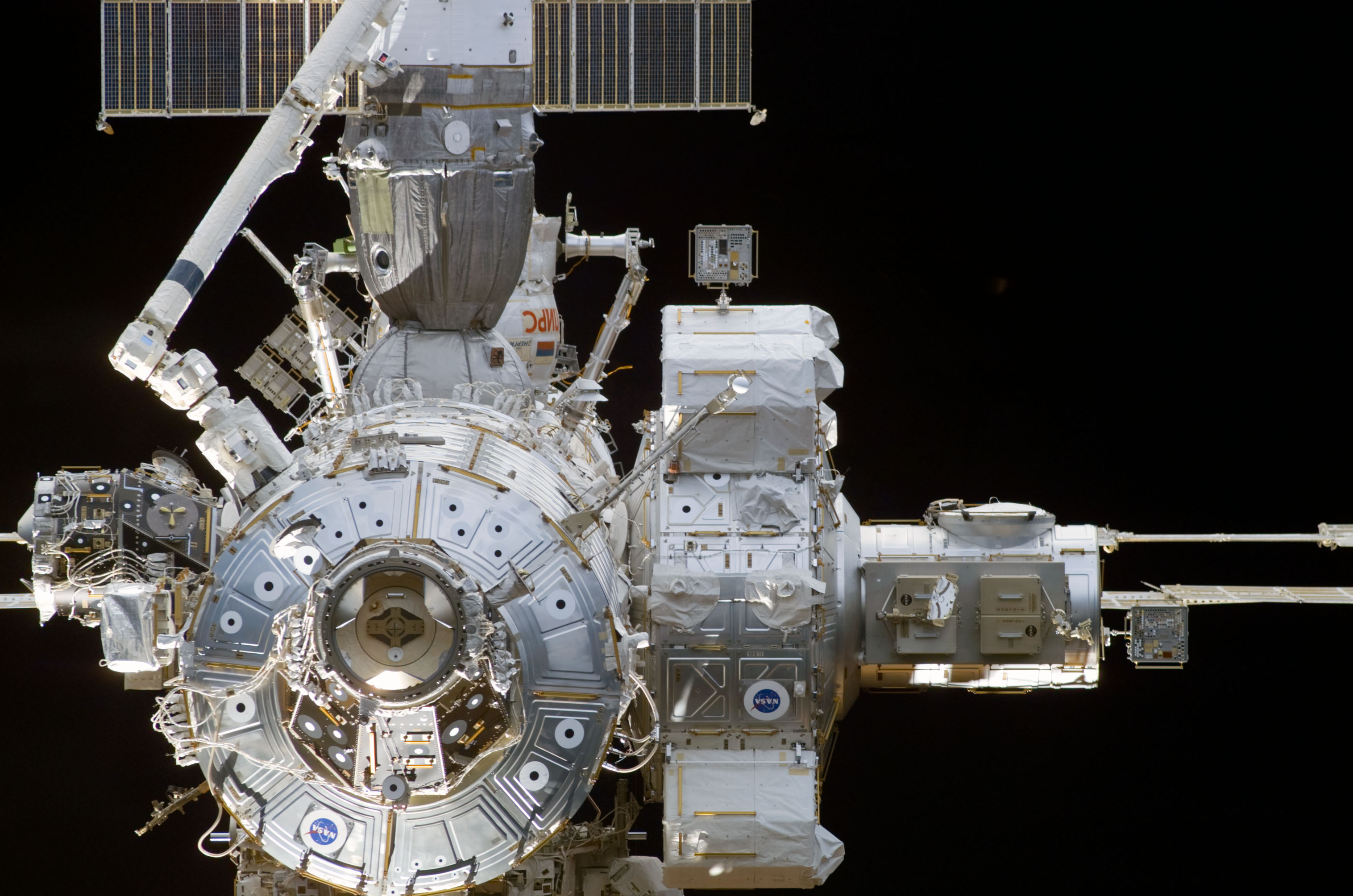 Forward view of the ISS taken during STS-110's docking approach