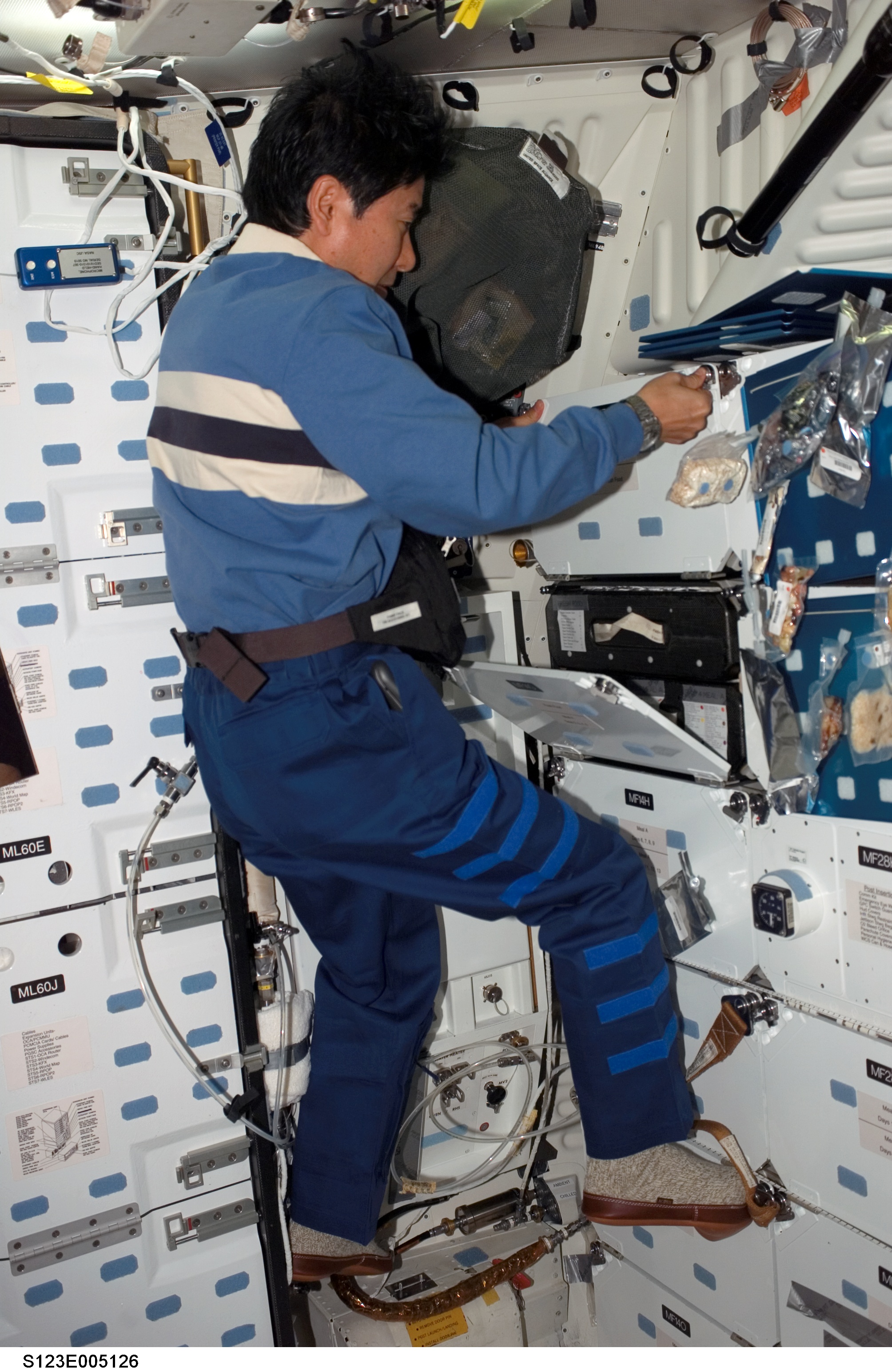 Doi looks through food locker in the MDDK during STS-123 mission