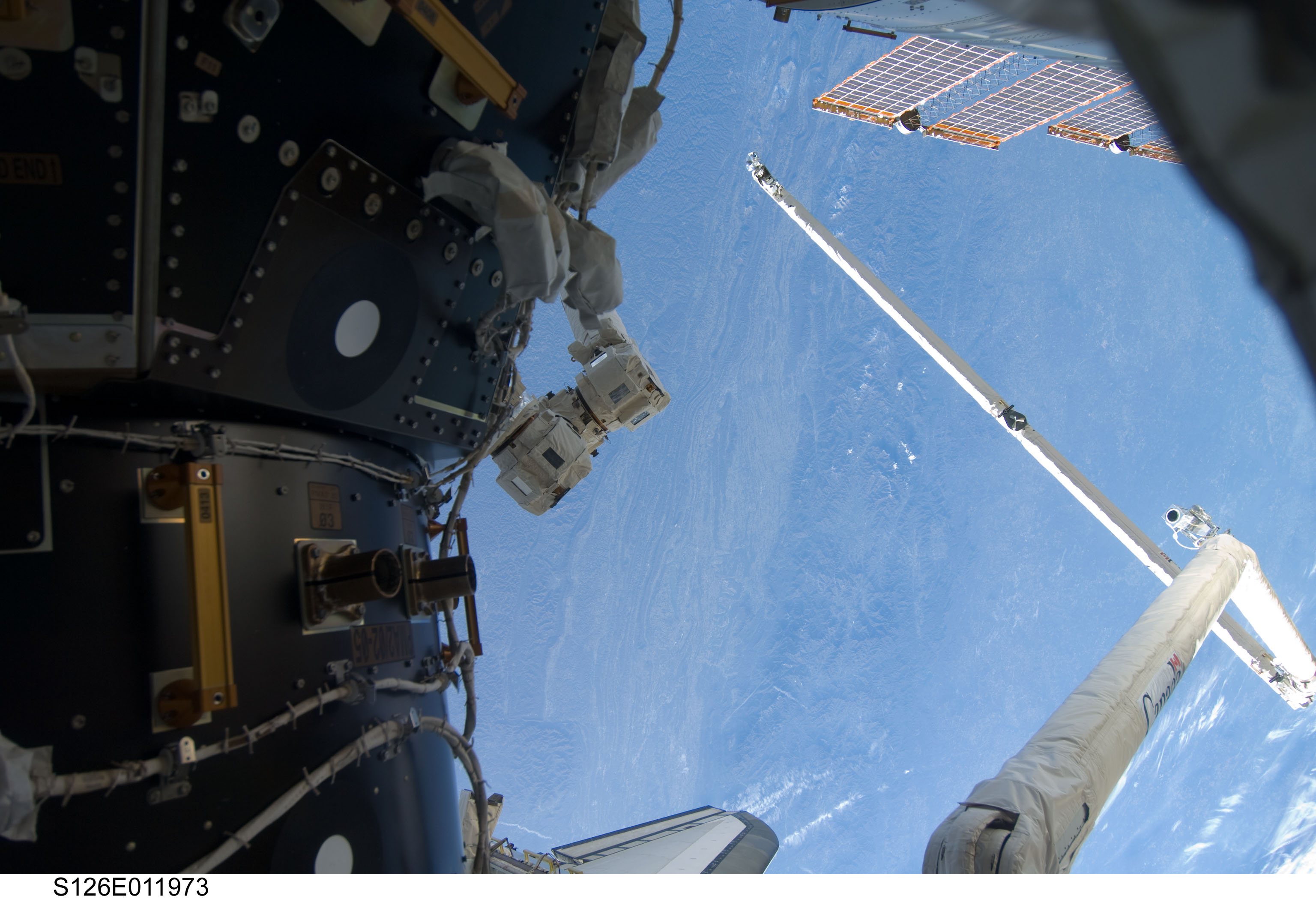 PMA-2 and SRMS/OBSS during Expedition 18 / STS-126 Joint Operations
