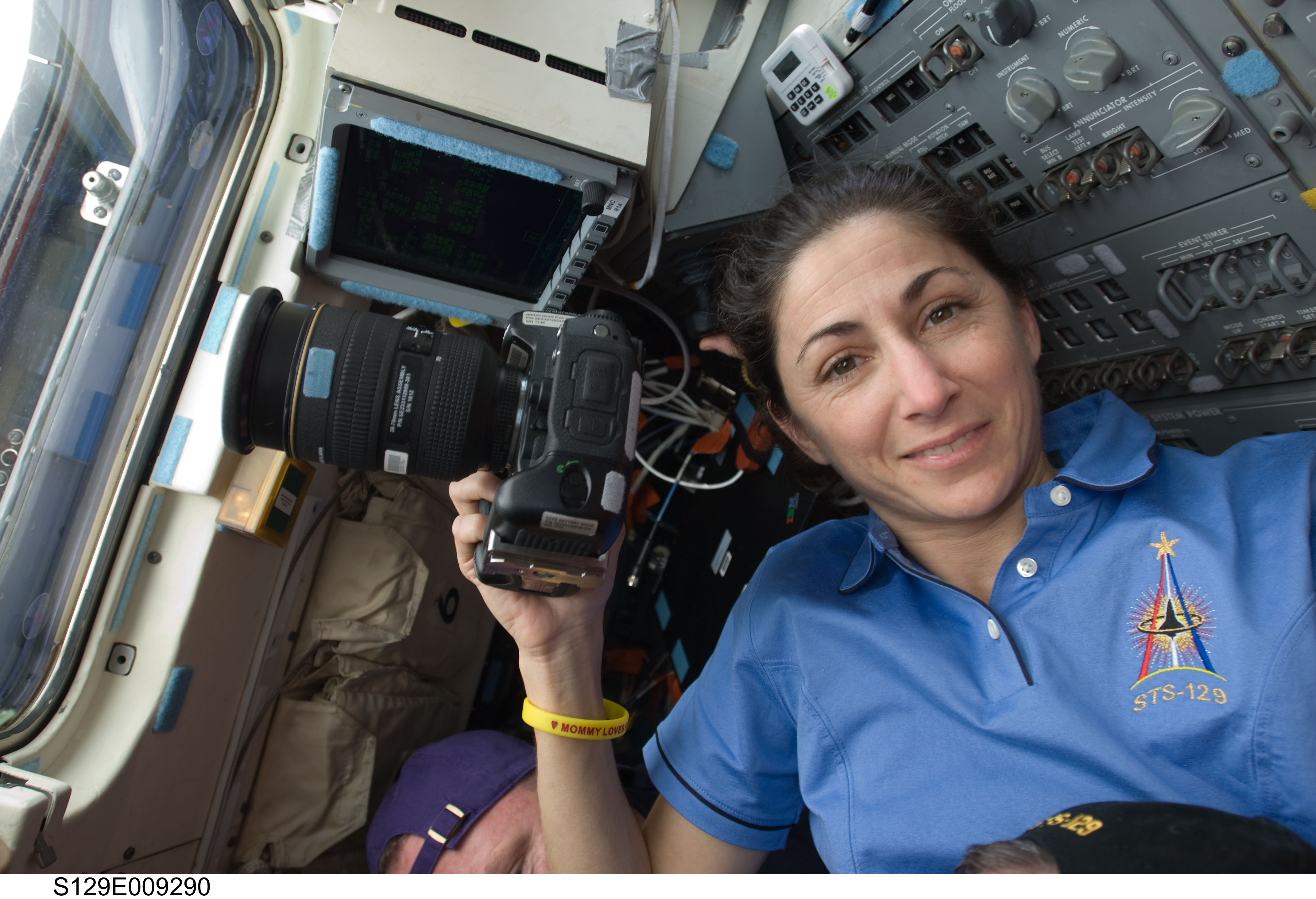 View of MS Stott posing for a photo on the Atlantis Flight Deck