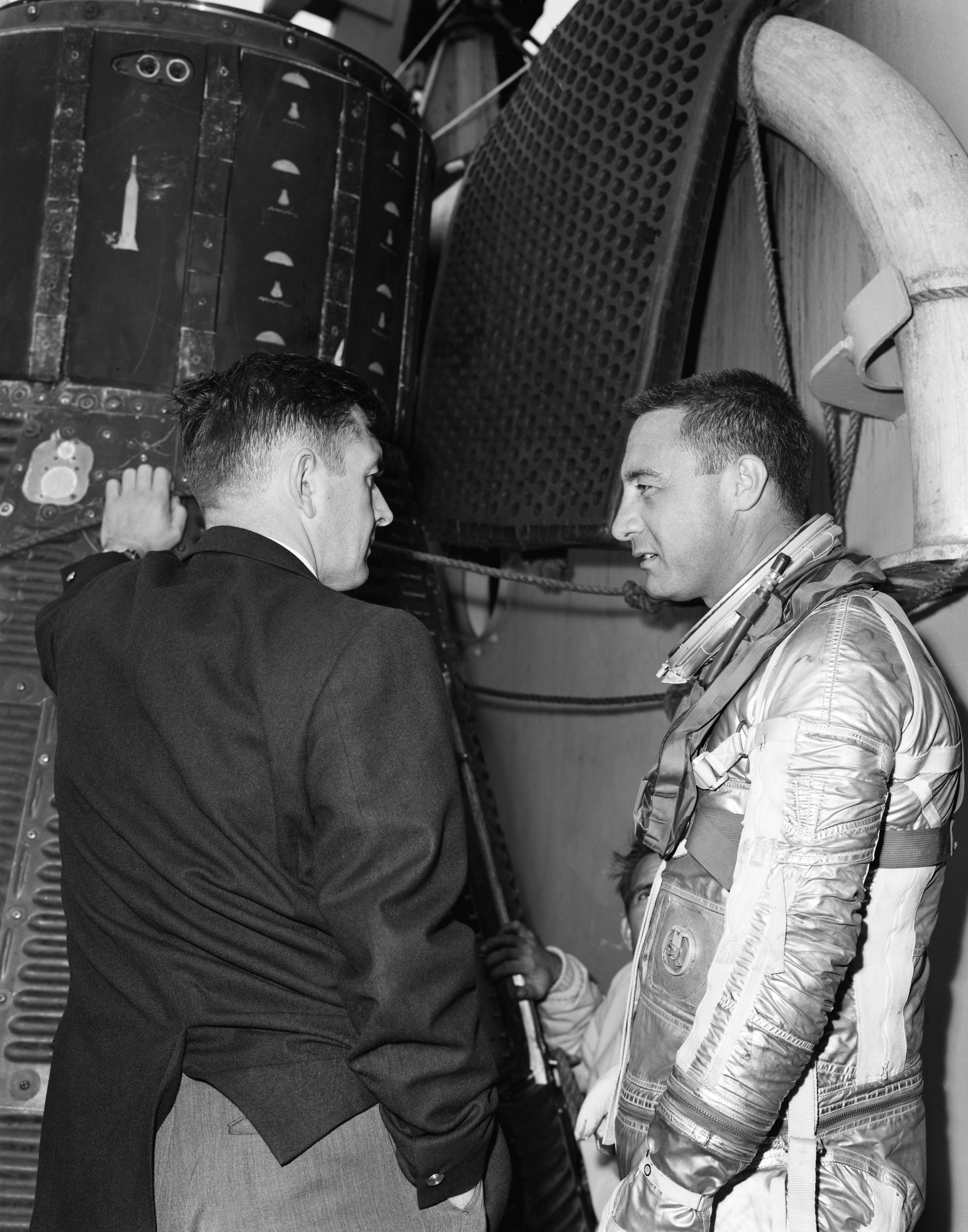 Astronaut Virgil Grissom in new Mercury Space Suit during egress training