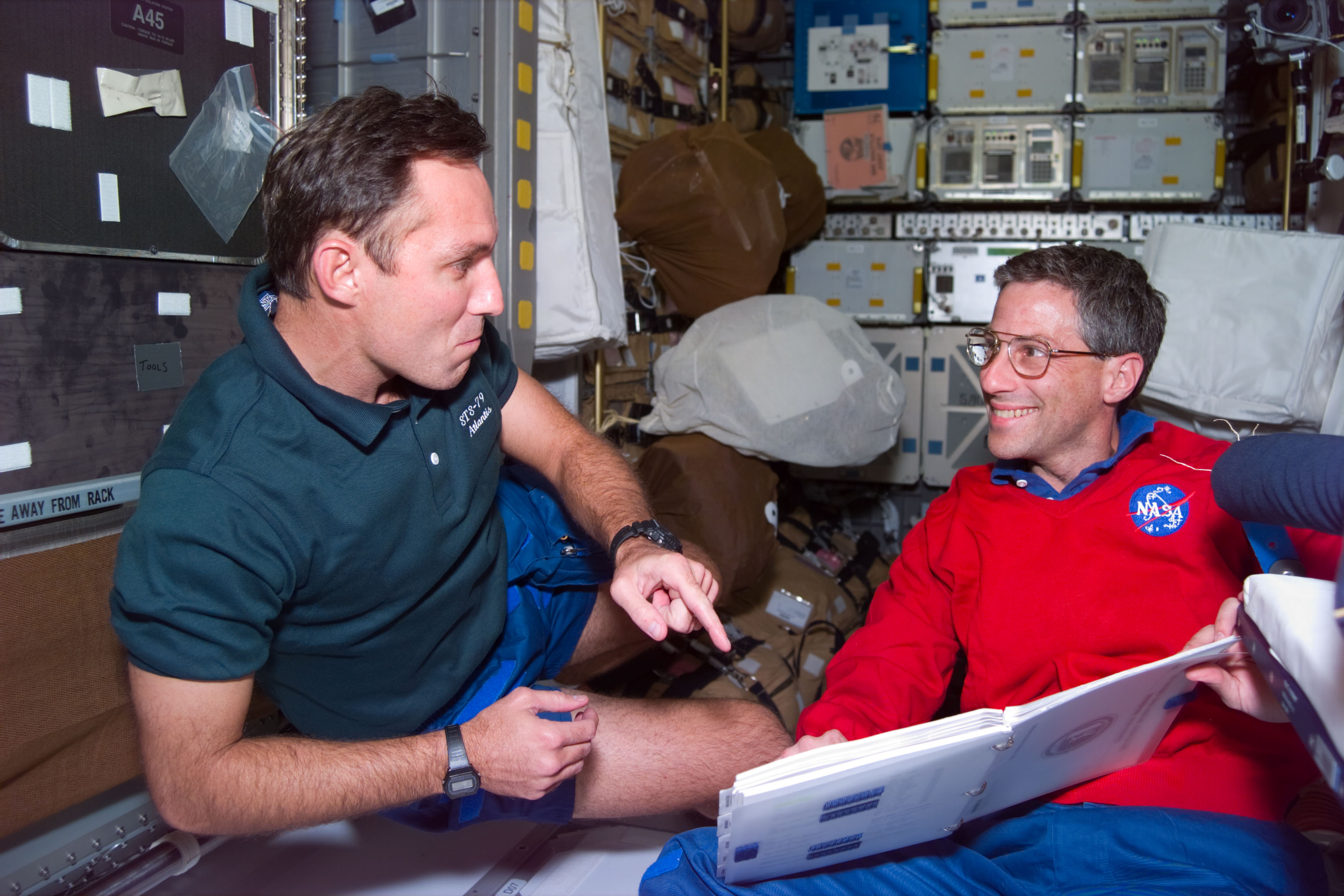 Astronauts Waltz and Apt in Spacehab module