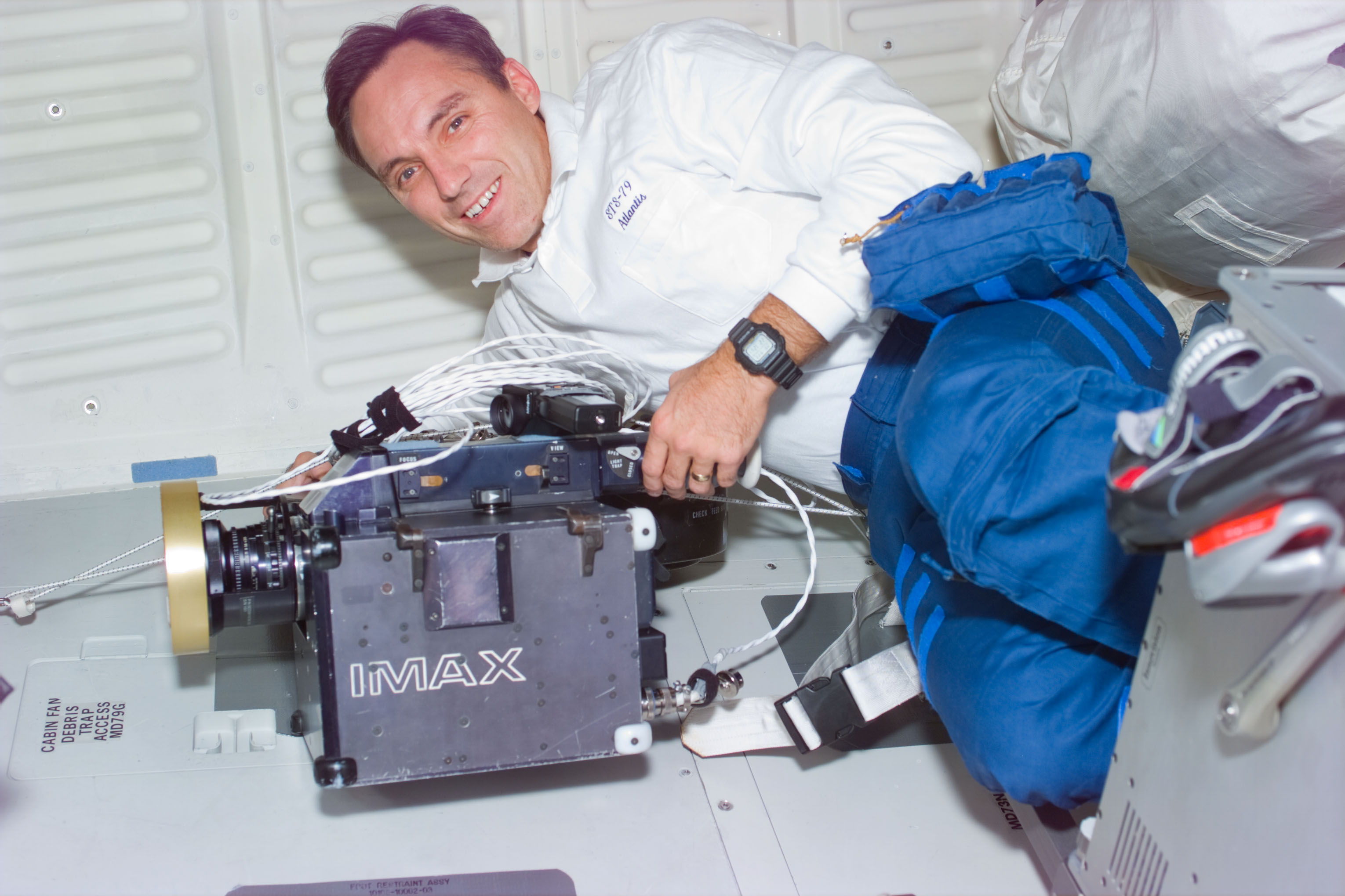 Astronaut Walz with the IMAX camera on the middeck